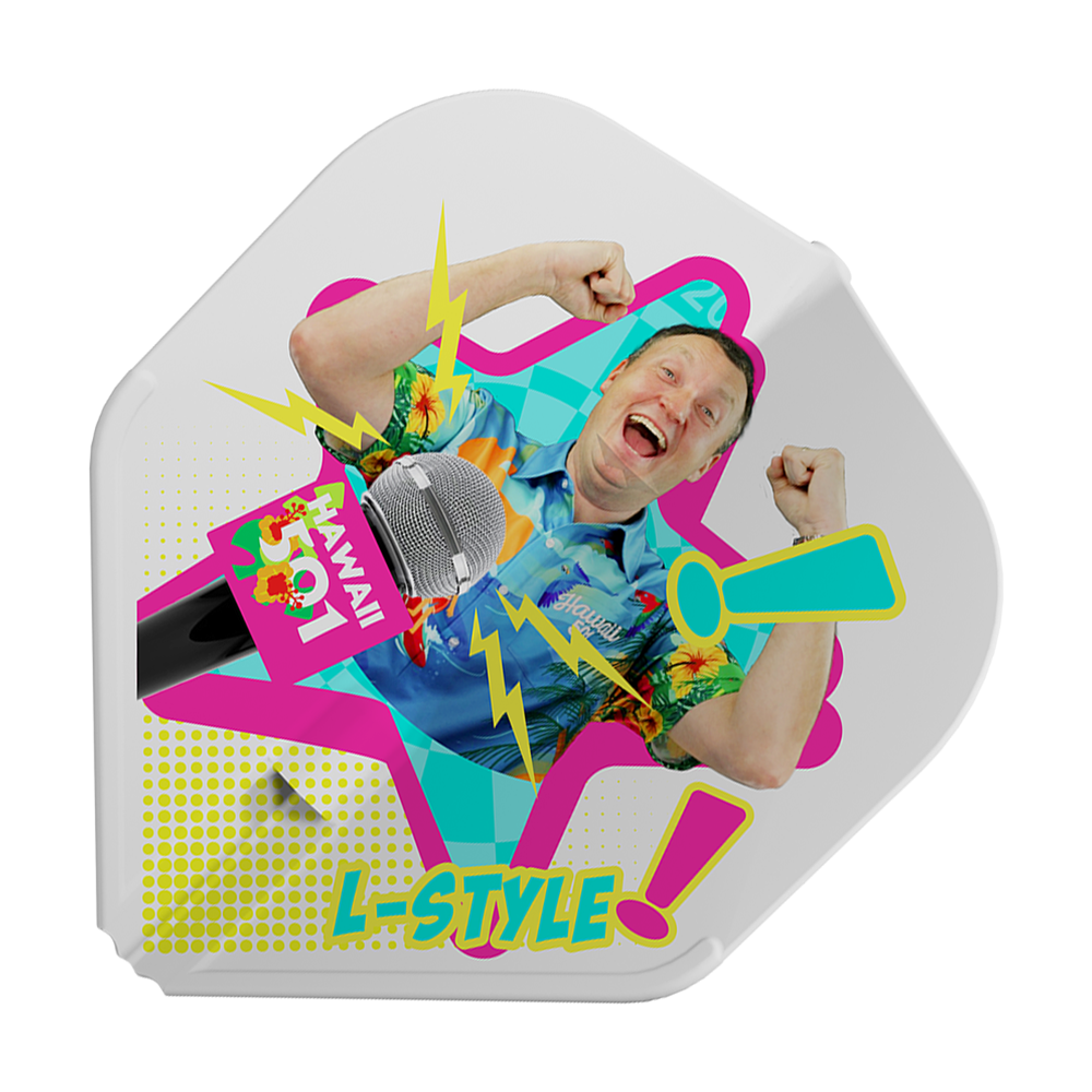 Das Bild zeigt das Produkt "L-Style Wayne Mardle Type B L1EZ White Flights" mit einem bunten Design. In der Mitte ist eine fröhliche Person abgebildet, umgeben von Mikrofon, Blitzen und dem Schriftzug "L-Style".