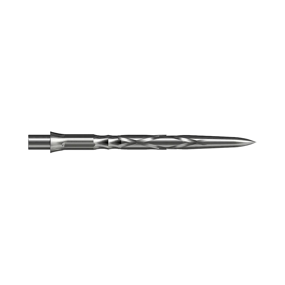 Dies ist eine silberne Steeldartspitze mit einem gedrehten Design. Sie ist lang und schlank, ideal für präzises Werfen.