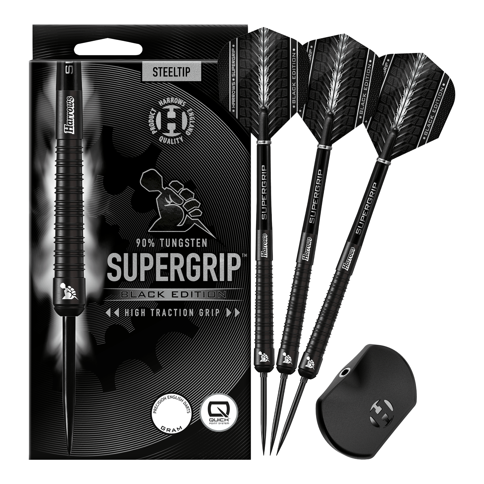 Harrows Supergrip 90 Black Edition Quick Point Steel Darts Harrows Supergrip 90 Black Edition Quick Point Steeldarts zeigen ein edles schwarzes Aussehen. Sie sind perfekt für ambitionierte Dartspieler geeignet.