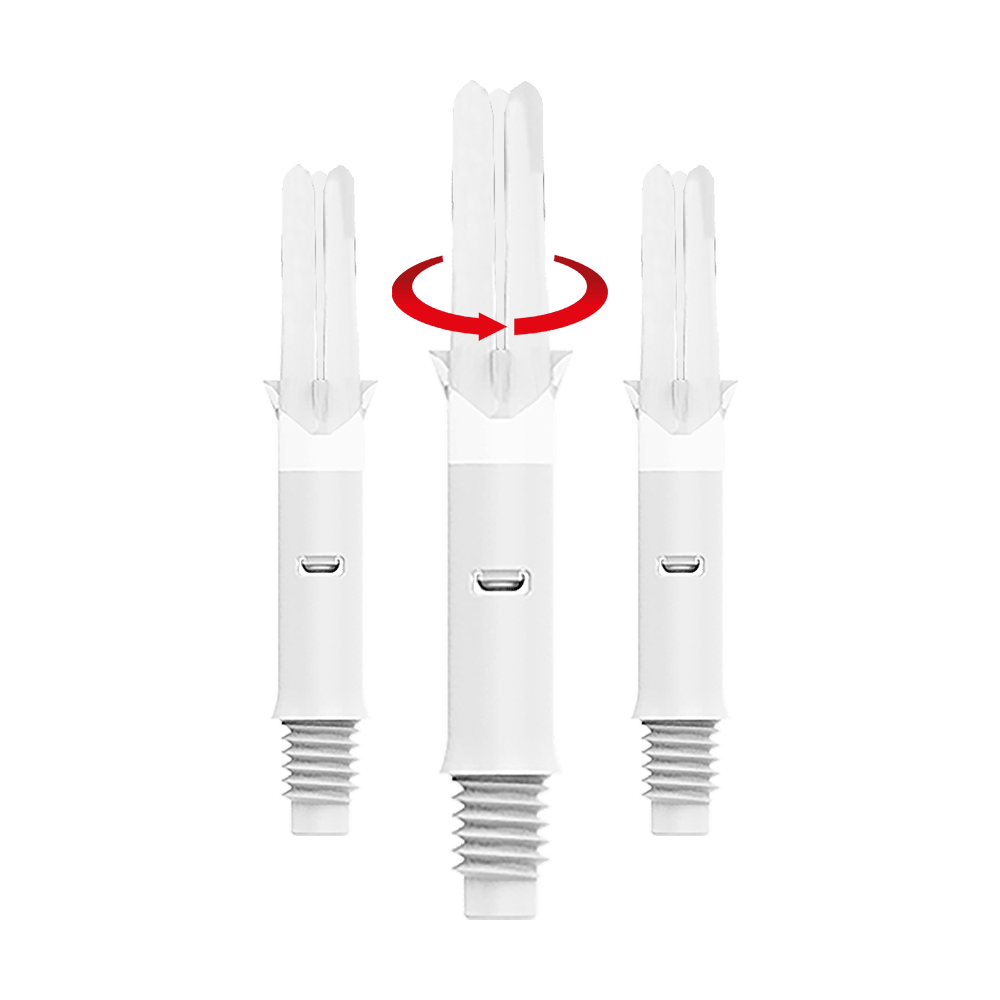 L-L-Style-Shafts Silent Straight - White Das Bild zeigt drei weiße Dartschäfte in einer Reihe. Über dem mittleren Schaft ist ein roter Pfeil, der eine Drehbewegung anzeigt.