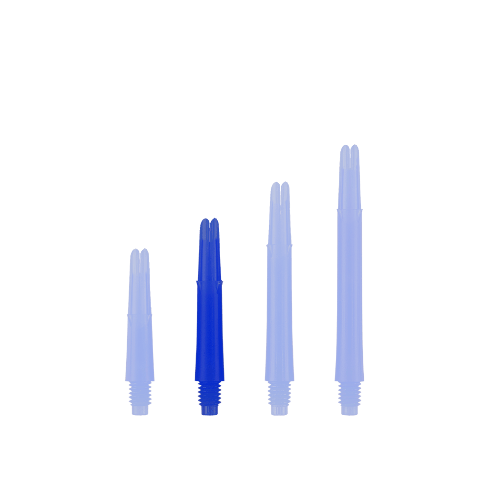 Auf dem Bild sind vier blaue Dartschäfte in unterschiedlichen Längen zu sehen. Sie stehen nebeneinander aufrecht vor weißem Hintergrund.