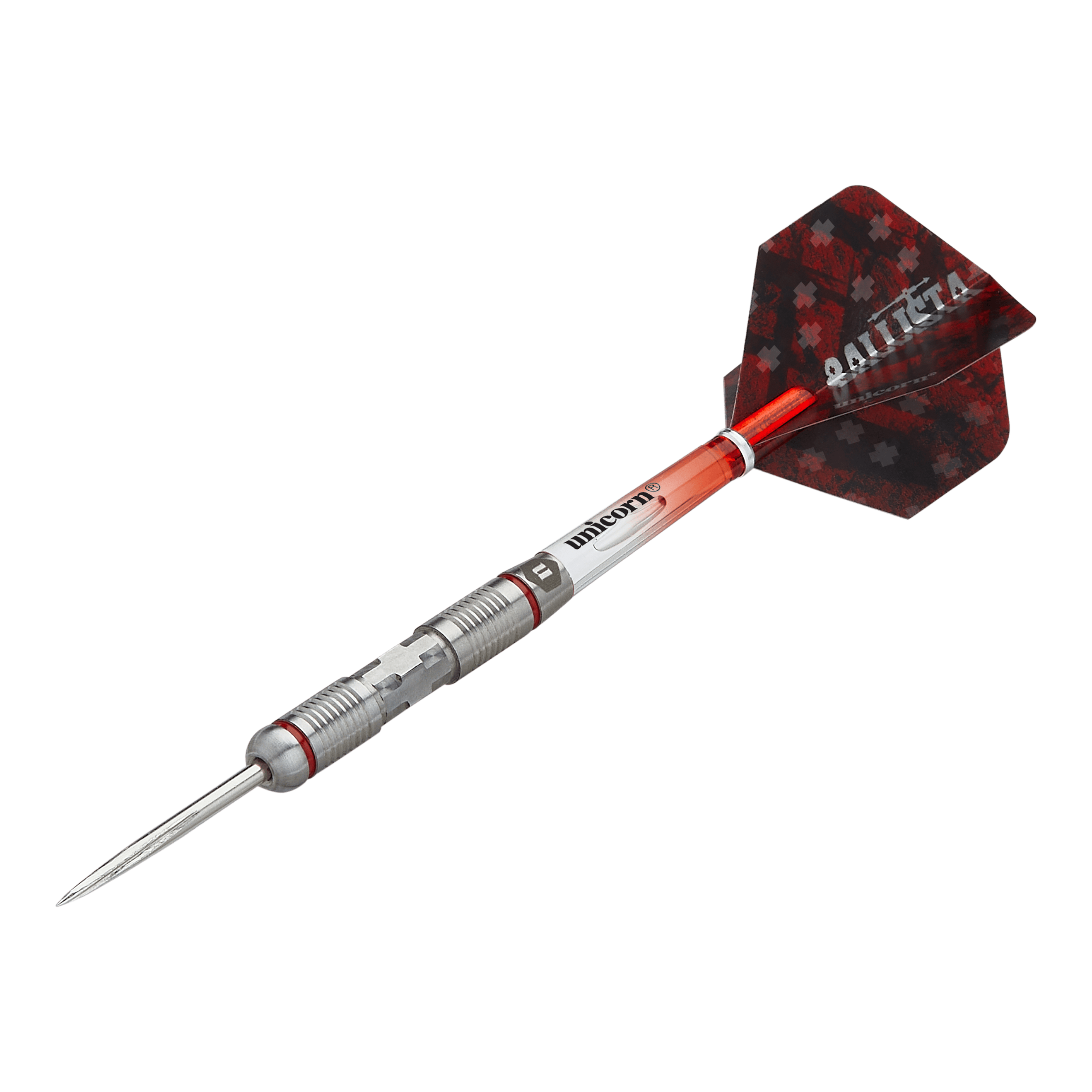 Unicorn Ballista Style 2 steel darts Das Bild zeigt den Steeldart "Unicorn Ballista Style 2". Der Dart hat einen silbernen Metallkörper mit roten Akzenten und schwarze Flights mit rotem Muster.