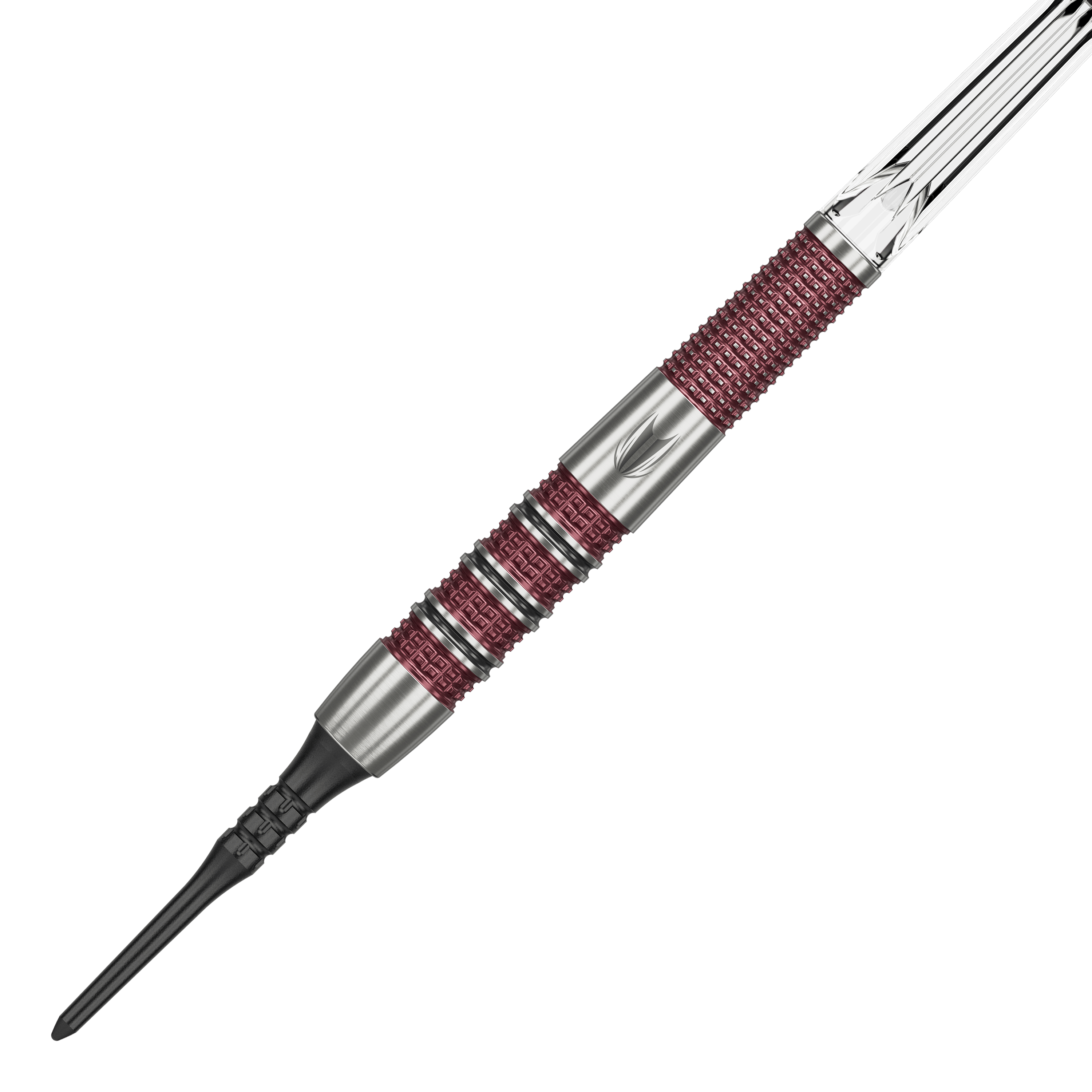Target Stephen Bunting 95K Soft Darts - 19g Das Bild zeigt einen Target Stephen Bunting 95K Softdart mit einem Gewicht von 19 Gramm. Der Dart hat ein silbernes und rotes Griffdesign mit einer schwarzen Softspitze.