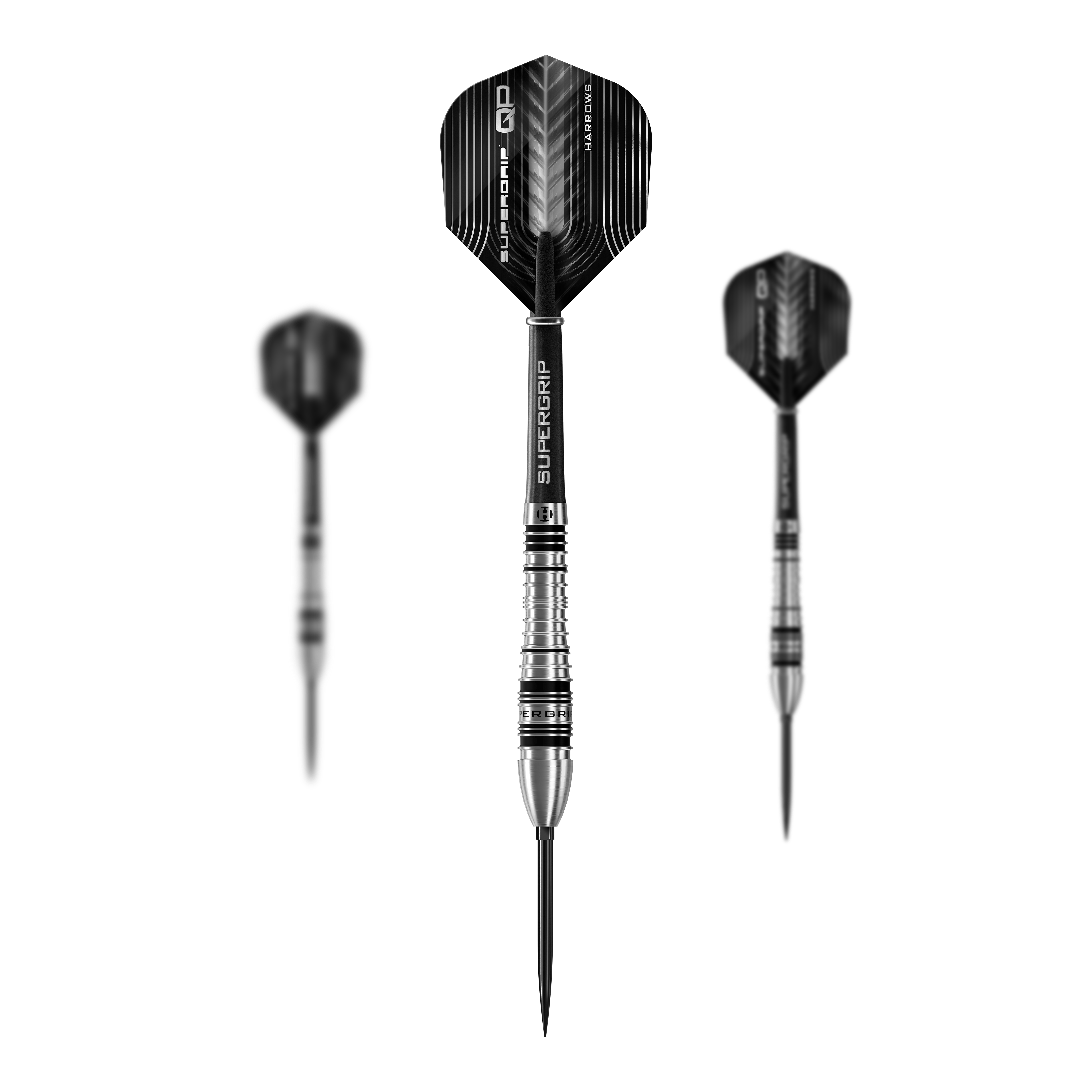 Harrows Supergrip Bomb Quick Point Steel Darts Dieses Bild präsentiert das Set der Harrows Supergrip Bomb Quick Point Steeldarts. Das Set enthält mehrere hochwertige Darts für das Spiel.