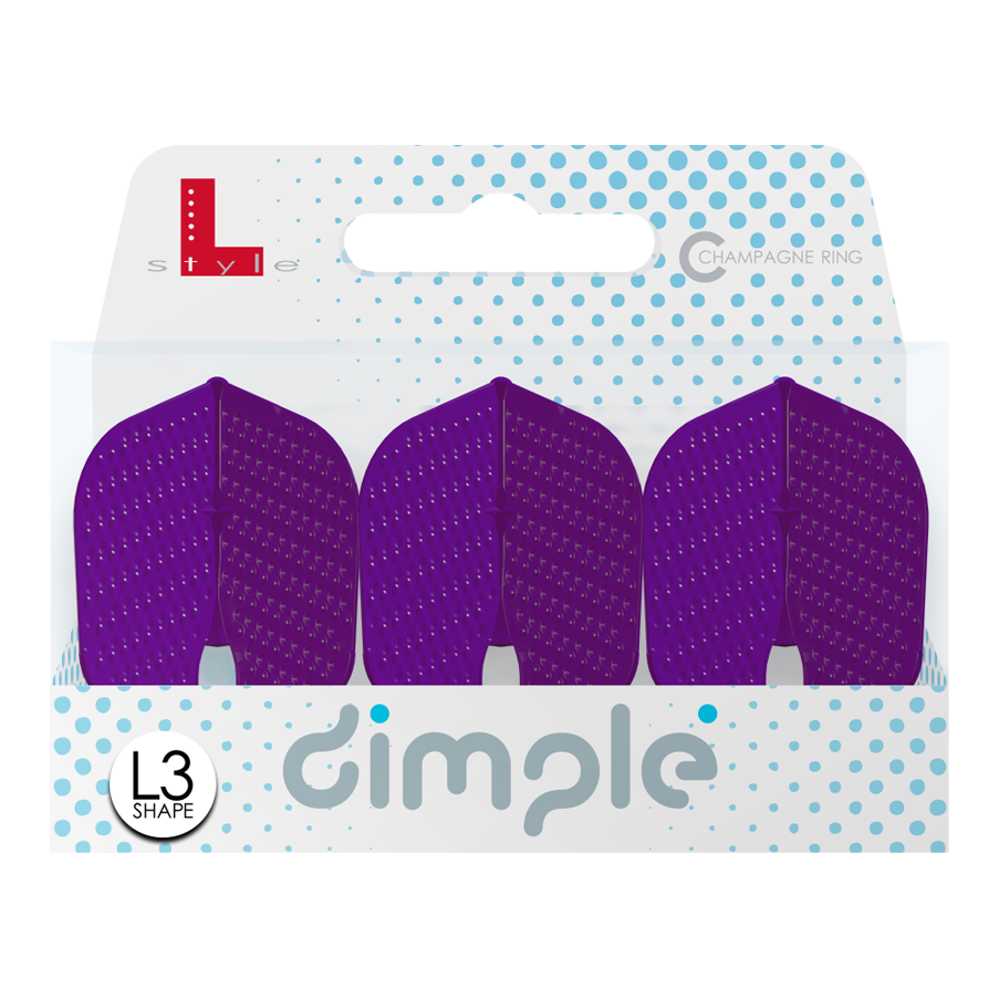 L-Style Flights Dimple Champagne L3PRO Shape Das Bild zeigt eine Verpackung mit drei lila Dart-Flights namens "L-Style Flights Dimple Champagne L3PRO Shape". Die Verpackung ist weiß mit blauen Punkten und gut lesbarer Produktbeschriftung.