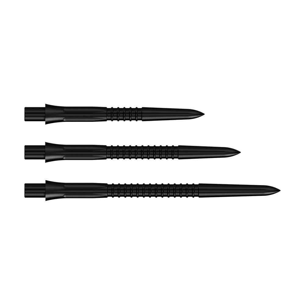 Abgebildet sind die Mission Caliburn EVO Dartspitzen GV1 in Schwarz. Diese Dartspitzen sind ideal für Steeldarts geeignet.