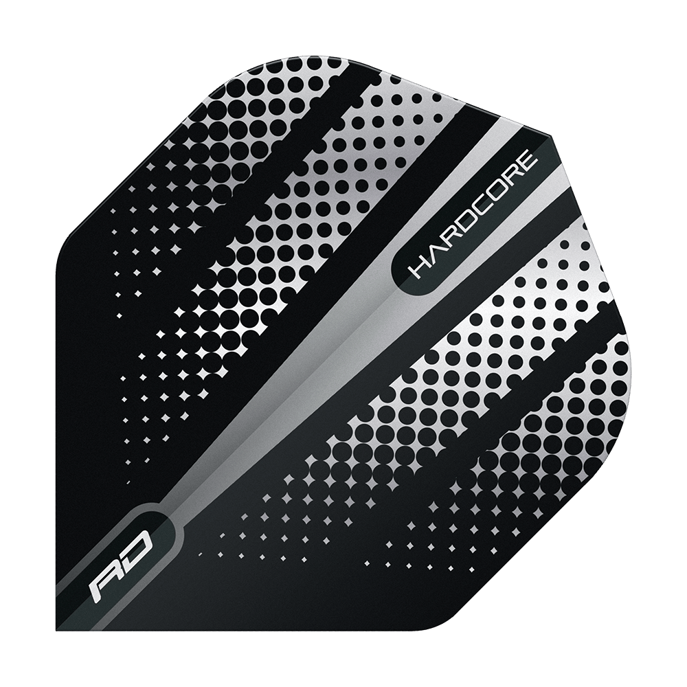 TF6507_Red_Dragon_Hardcore_Radical_Black_Flash_Standard_Flights_1JYk8bJiPwTpAd Das Bild zeigt ein Dartflight mit dem Namen "Red Dragon Hardcore Radical Black Flash Standard Flights". Das Design ist schwarz mit silbernen Punkten und Streifen sowie der Aufschrift "HARDCORE".