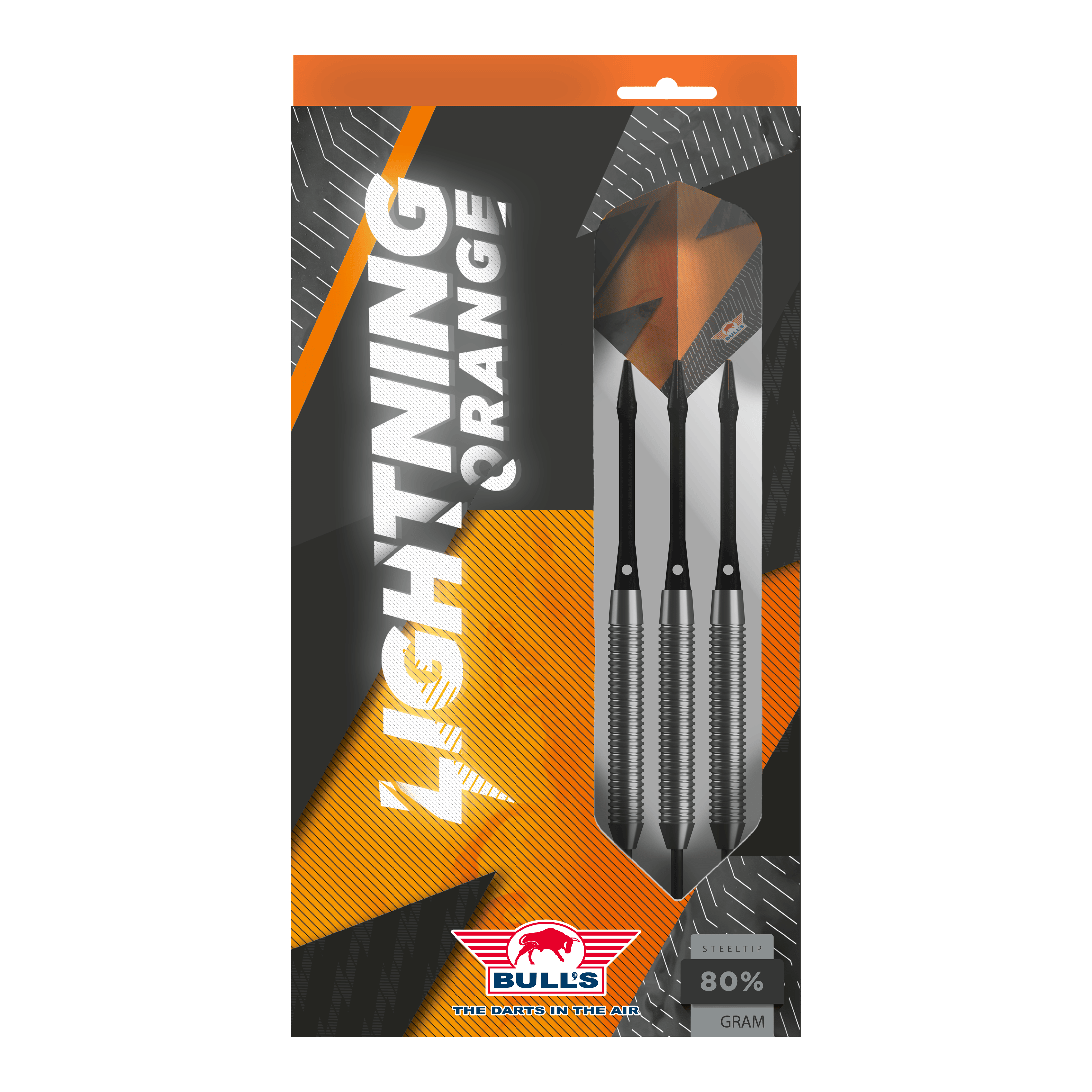 Bulls NL Lightning Orange Steel Darts Das Bild zeigt die Verpackung der "Bulls NL Lightning Orange Steeldarts". In der Packung befinden sich drei Steeldarts mit orange-schwarzem Design.