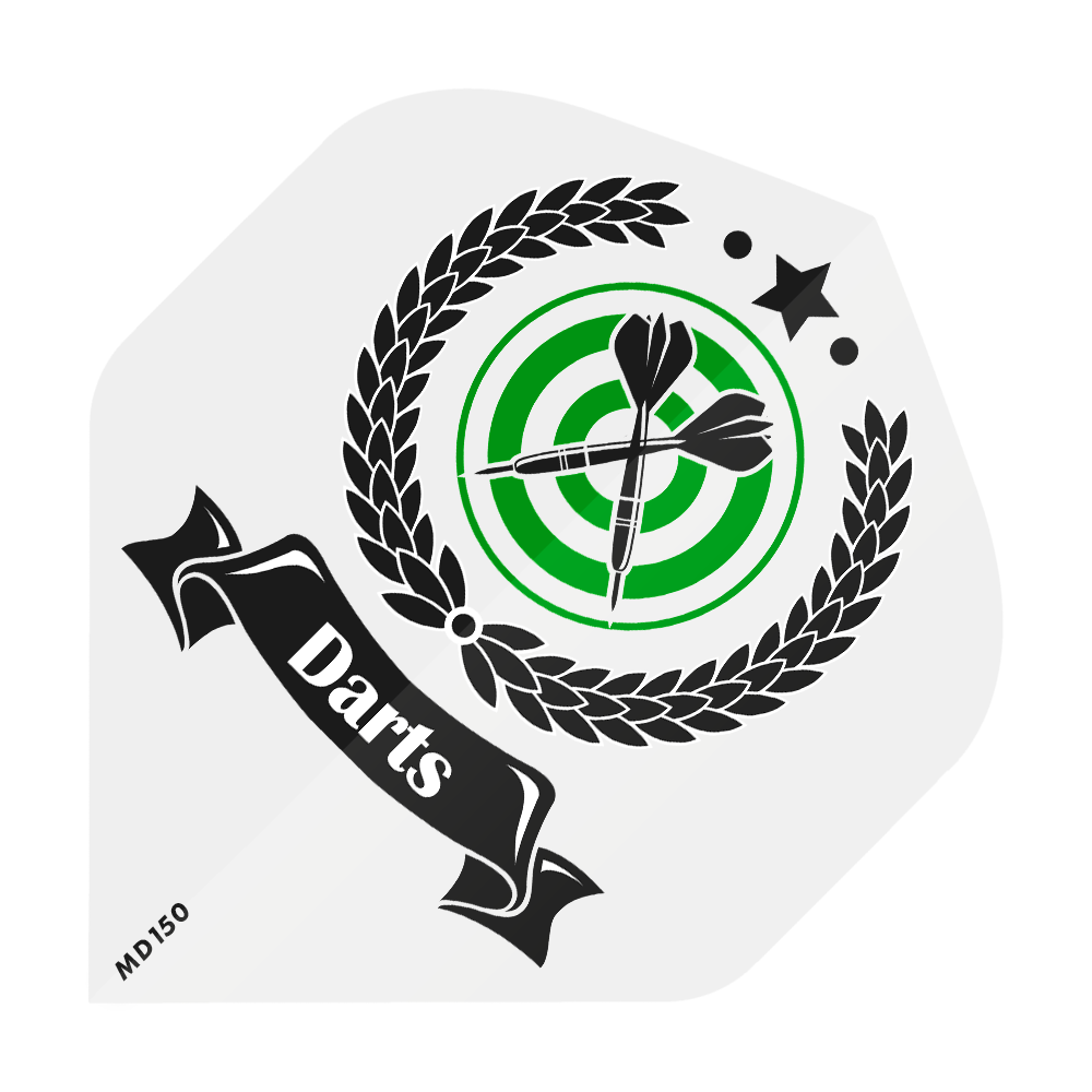 MD-201-Log_2-Seitig_Bedruckte_Flights_Logo_MD150_2 Das Bild zeigt ein grünes Dartscheiben-Ziel mit zwei schwarzen Pfeilen in der Mitte, umgeben von einem Lorbeerkranz. Ein schwarzes Band mit dem weißen Schriftzug "Darts" verläuft quer durch das Bild.