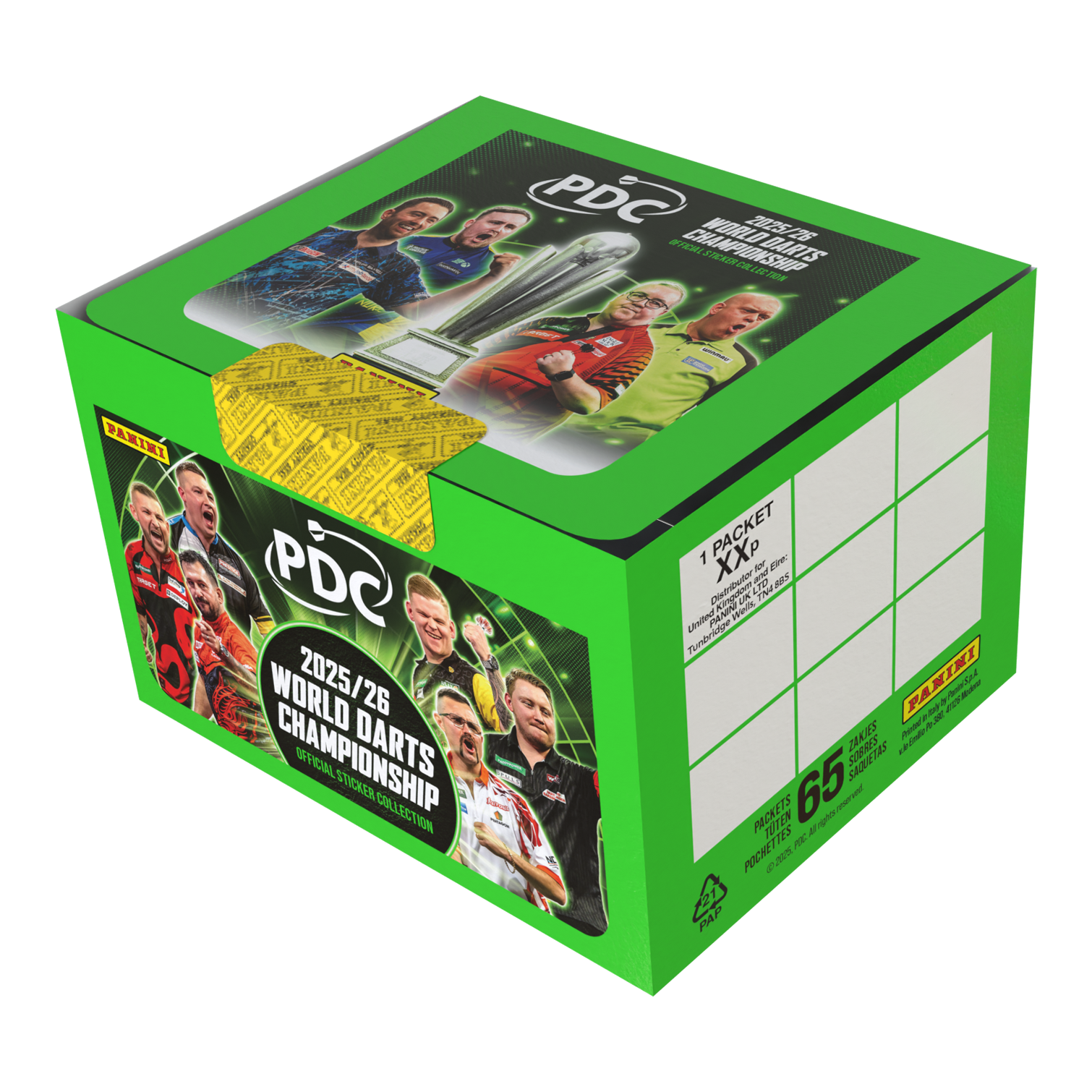 Abgebildet ist die Panini PDC World Darts Championship 2025/26 Stickerbox mit 65 Tüten. Diese Box enthält Stickertüten zum Sammeln von Motiven des Darts-Turniers.