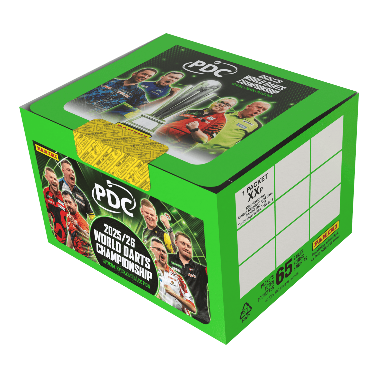 Panini PDC World Darts Championship 2025/26 - Sticker box with 65 packs Abgebildet ist die Panini PDC World Darts Championship 2025/26 Stickerbox mit 65 Tüten. Diese Box enthält Stickertüten zum Sammeln von Motiven des Darts-Turniers.
