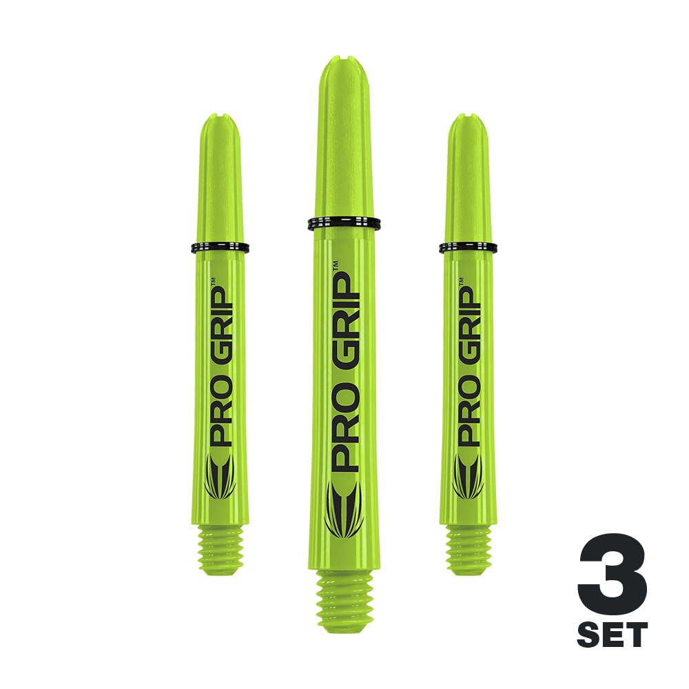 Das Bild zeigt drei limegrüne Pro Grip Shafts für Darts. In der rechten unteren Ecke steht "3 SET".