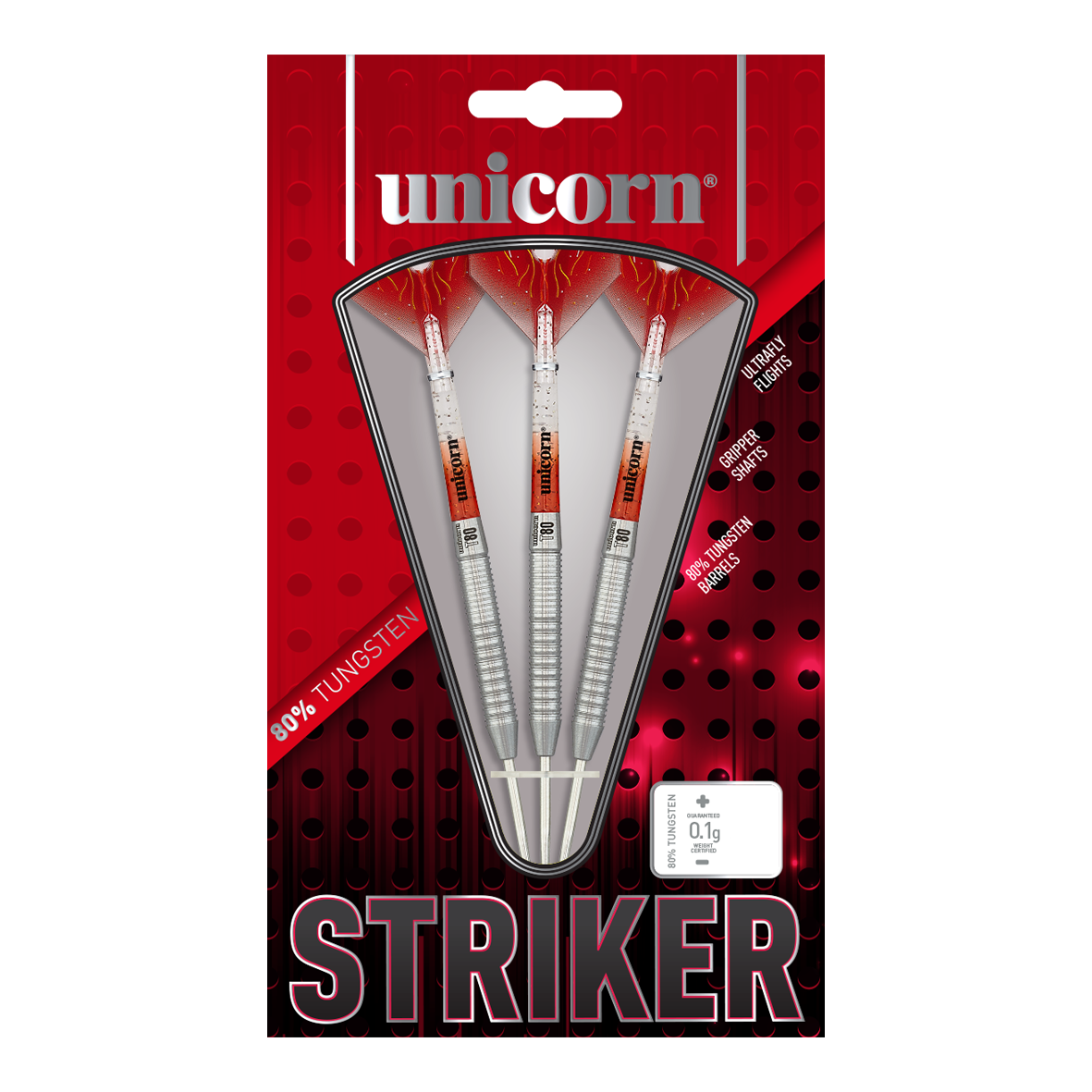 Unicorn Core XL Striker Style 5 steel darts Das Bild zeigt die Verpackung der "Unicorn Core XL Striker Style 5 Steeldarts". In der Packung befinden sich drei Steeldarts mit silbernen Schäften und roten Flights.