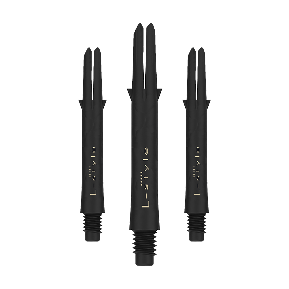 L style carbon shafts Das Bild zeigt drei schwarze Dartschäfte aus Carbon der Marke L-style. Die Schäfte sind ohne Kappen und haben eine Länge von 39 mm.
