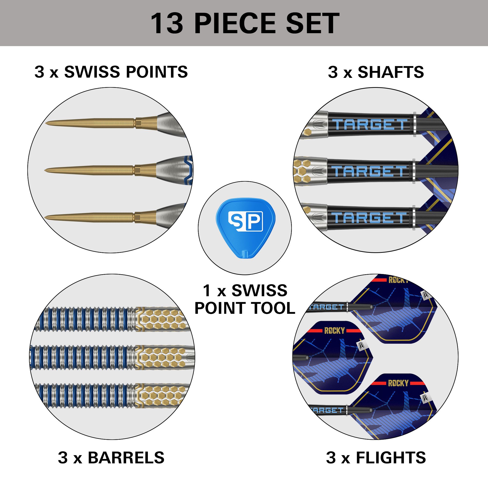 Target Josh Rock GEN1 Swiss Point Steel Darts Das Bild zeigt ein 13-teiliges Set des Produkts "Target Josh Rock GEN1 Swiss Point Steeldarts". Enthalten sind 3 Swiss Points, 3 Barrels, 3 Shafts, 3 Flights und 1 Swiss Point Tool.