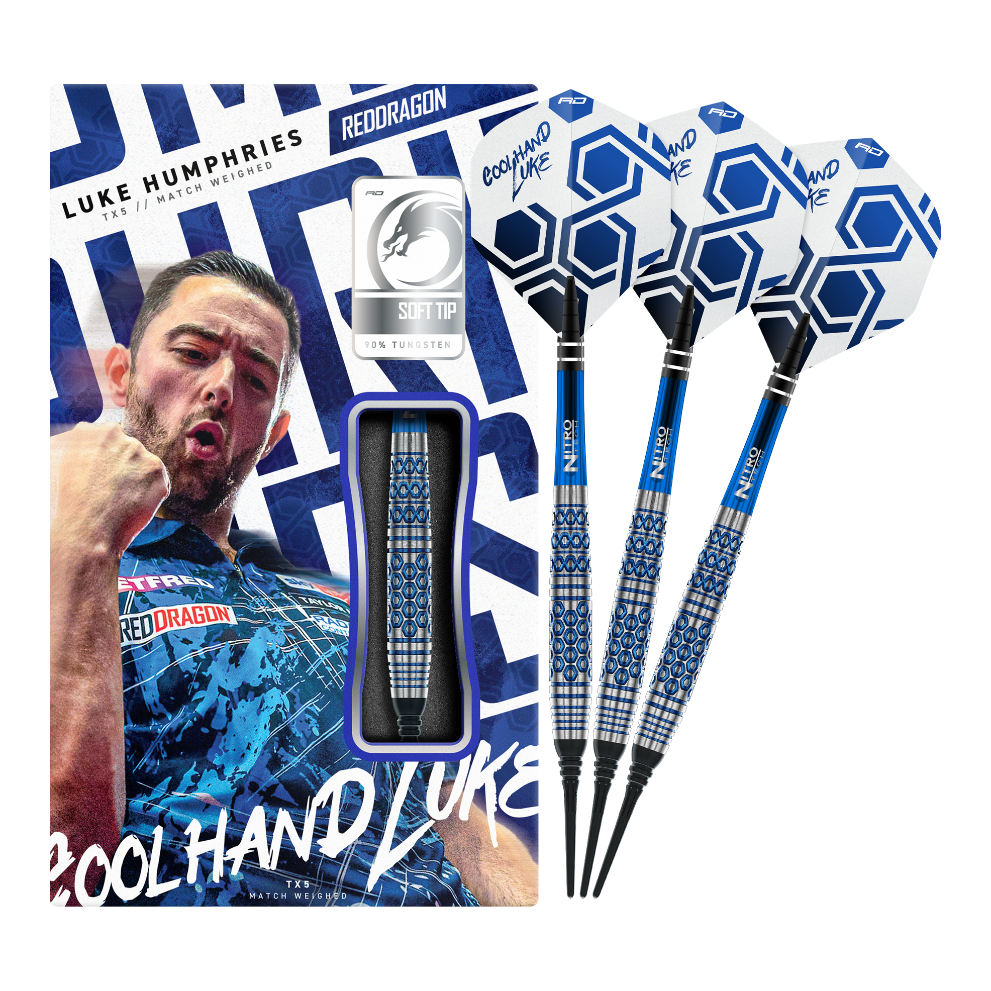 Red Dragon Luke Humphries TX5 Soft Darts - 20g Das Foto zeigt die Red Dragon Luke Humphries TX5 Softdarts - 20g in voller Länge. Sie sind für das Softdartspiel ausgelegt und wiegen 20 Gramm.