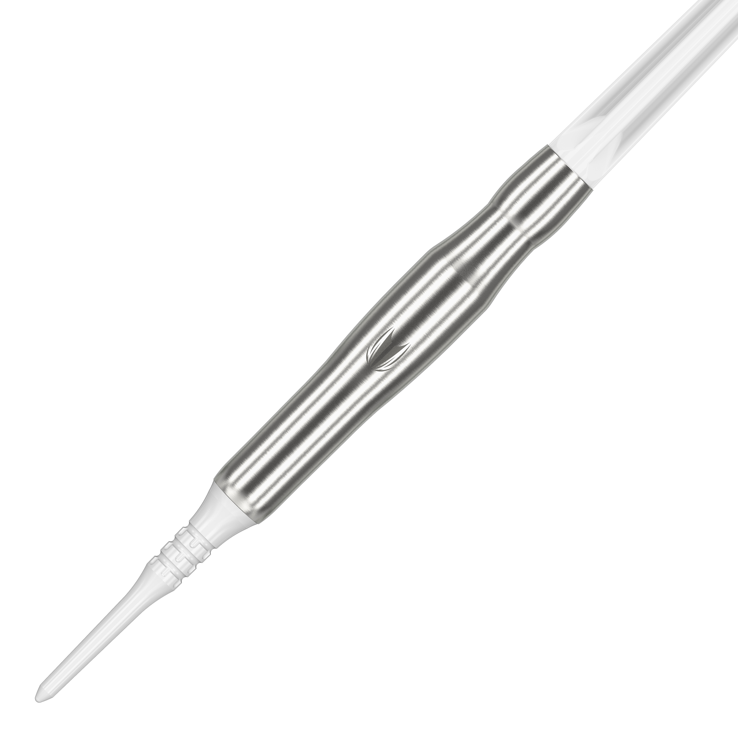 Target Japan Crux Brave Soft Darts - 18.5g Das Bild zeigt den Target Japan Crux Brave Softdart mit einem Gewicht von 18,5g. Der Dartpfeil hat ein elegantes, silbernes Design mit einer weißen Spitze.