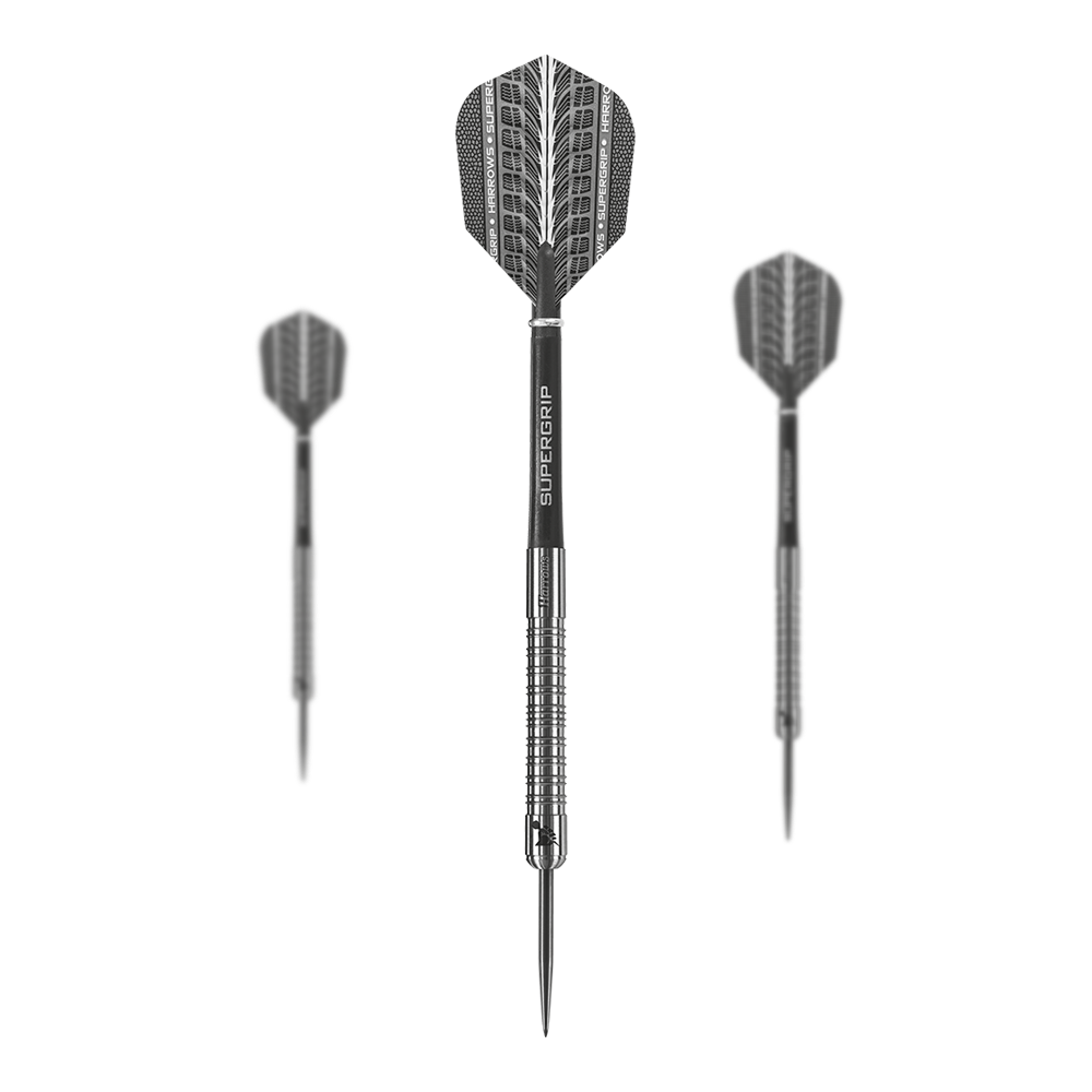 Harrows Supergrip 90% Tungsten steel darts Das Bild zeigt drei Harrows Supergrip 90% Tungsten Steeldarts. Die Darts haben ein silbernes Design mit schwarzem Schaft und Flight.