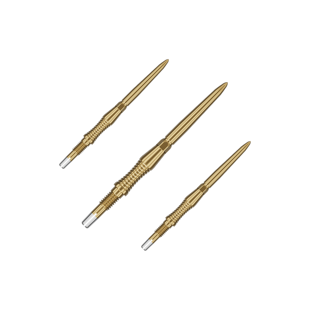 Target Swiss Point Dart Tips Signature RST - Gold Das Bild zeigt ein Set von goldenen Target Swiss Point Dartspitzen Signature RST mit 30mm Länge. Die Spitzen sind ordentlich nebeneinander angeordnet.