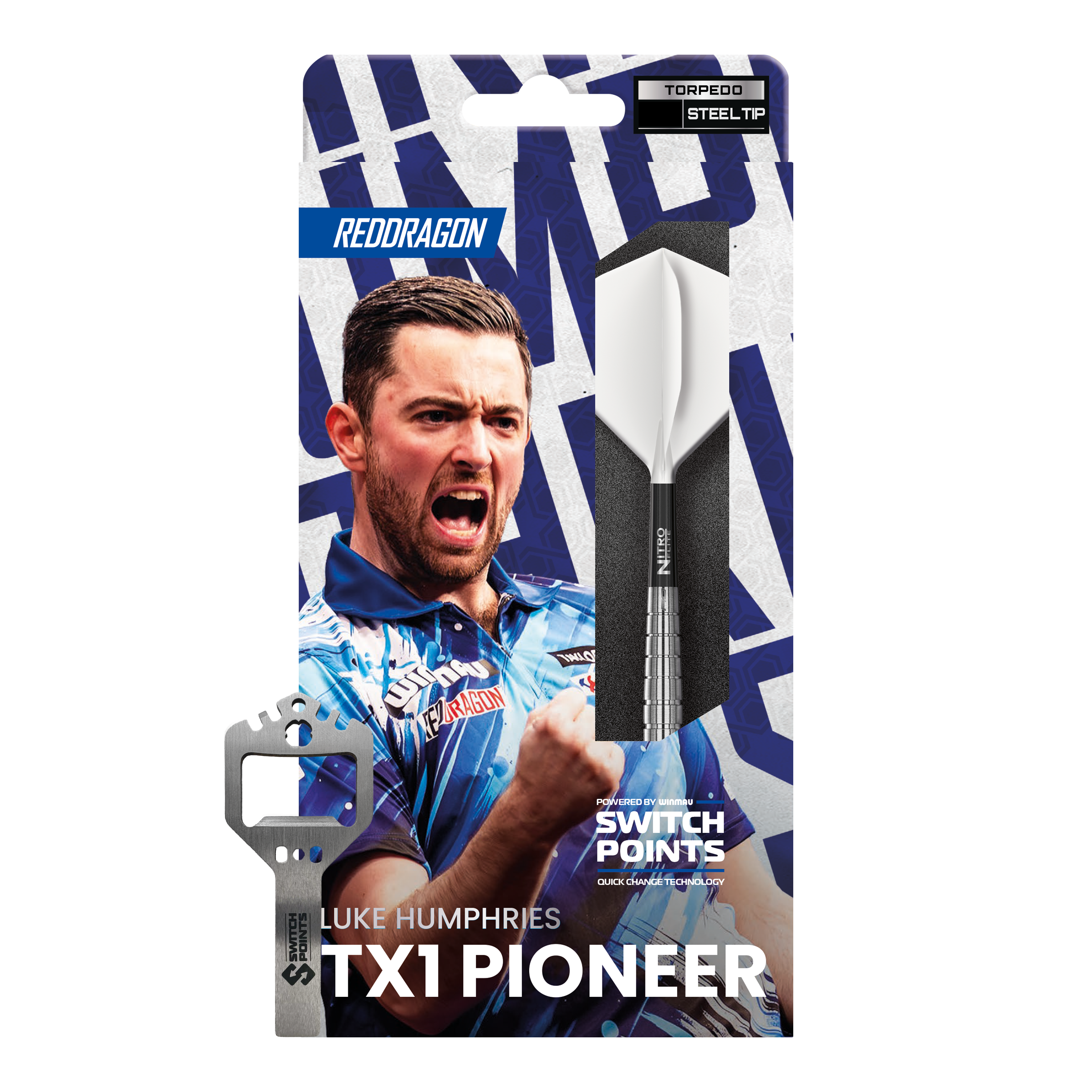 Gezeigt werden die Red Dragon Luke Humphries TX1 Pioneer Switch Point Steeldarts. Das Produkt ist für anspruchsvolle Dartspieler gedacht.