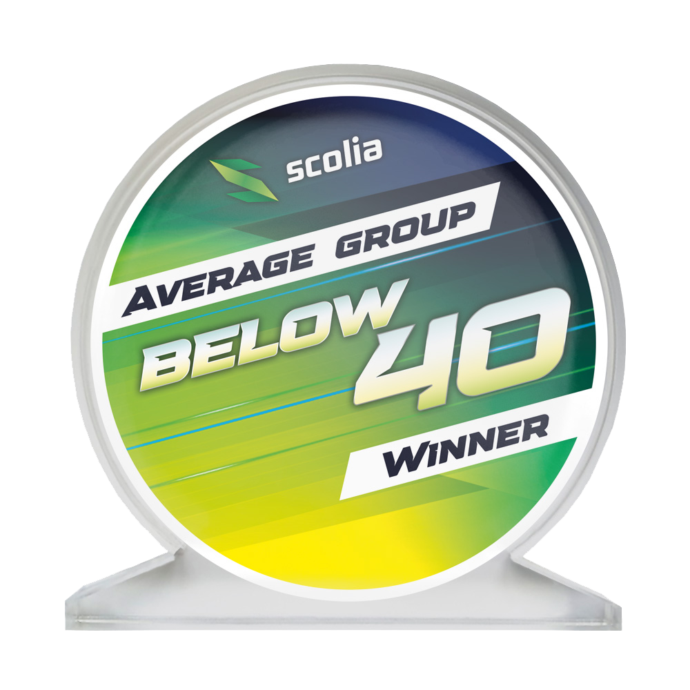 Das Bild zeigt einen Acrylglas-Pokal mit der Beschriftung "SCOPO-B40 Scolia". Es handelt sich um eine Auszeichnung für einen Average unter 40.