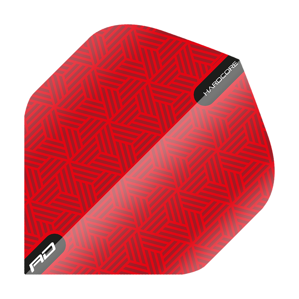 TF6425_Red_Dragon_Hardcore_Red_Standard_Flights_1oOJCzW2hg2PI1 Das Bild zeigt ein rotes Dartflight mit einem geometrischen Muster. In der Ecke steht "HARDCORE" und unten ist das "RD" Logo zu sehen.