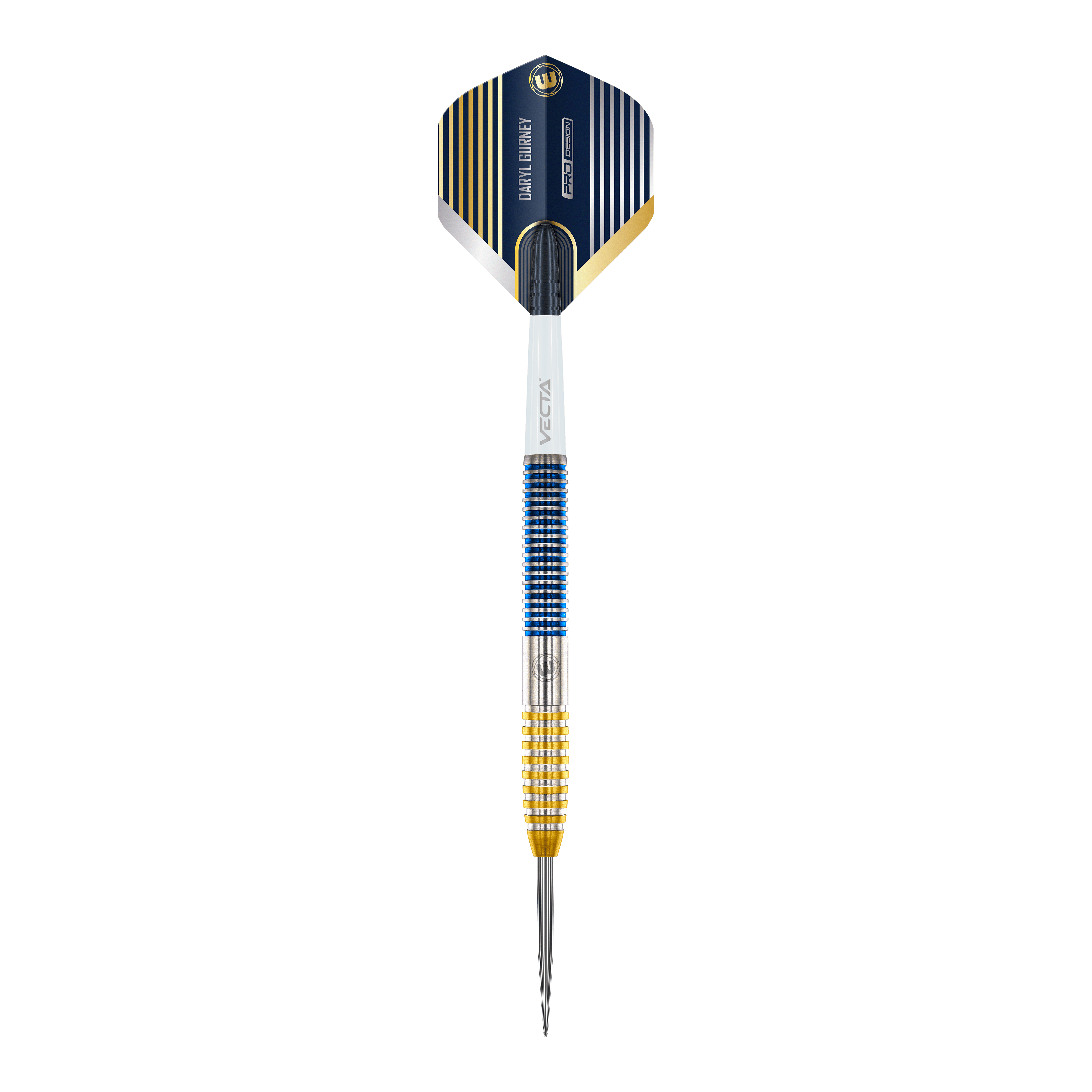 Winmau Daryl Gurney SC 1.0 Series Steeldarts - 23g Dies ist ein Winmau Daryl Gurney SC 1.0 Series Steeldart mit einem Gewicht von 23g. Der Dart hat ein auffälliges Design mit blauen, goldenen und silbernen Akzenten.