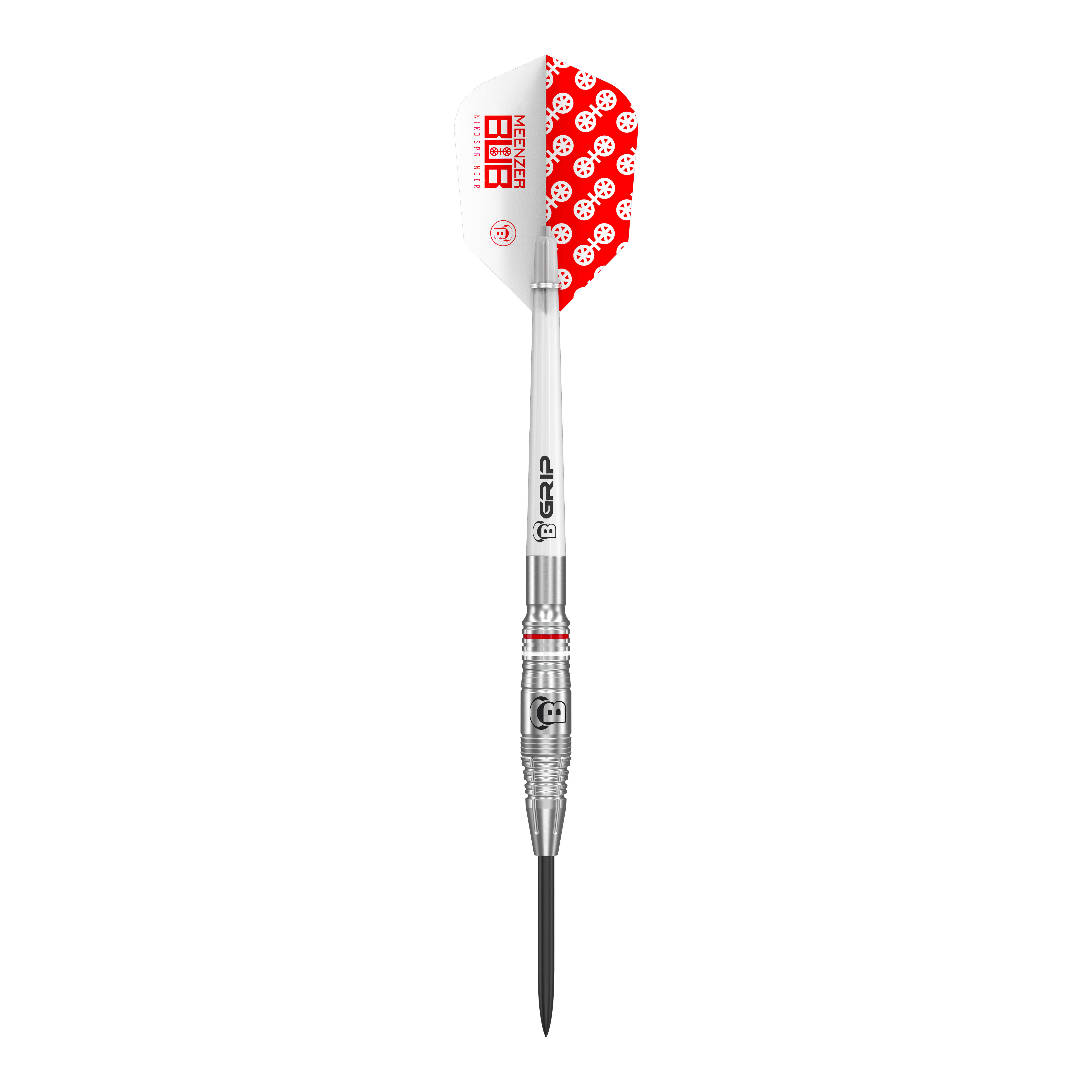 Bulls Niko Springer steel darts Der Bulls Niko Springer Steeldart hat ein silbernes Barrel mit feinen Rillen. Das Flight ist weiß und rot mit einem auffälligen Muster und dem Markenschriftzug.