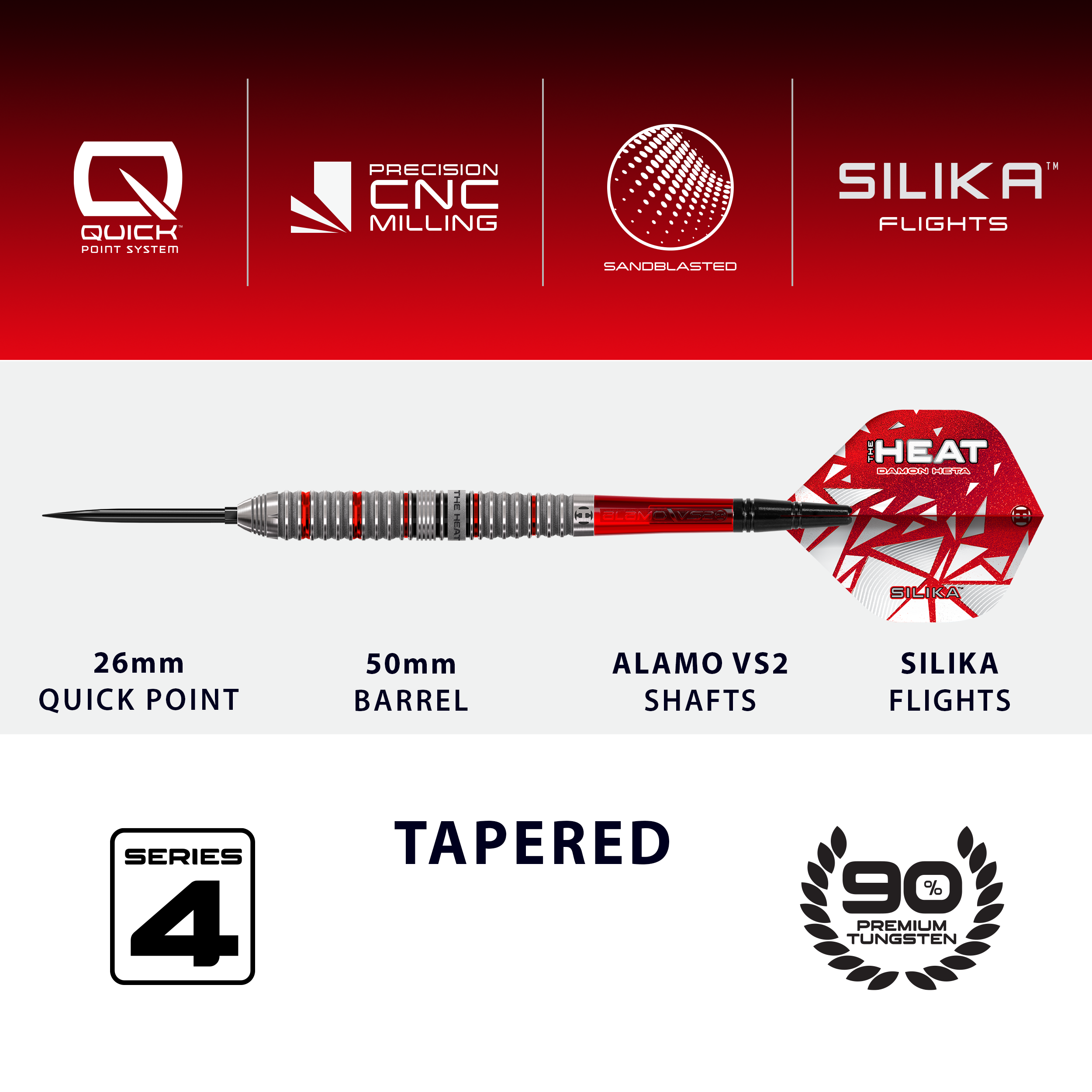 Harrow's Damon Heta Series 4 Quick Point steel darts Dieses Bild zeigt die Harrows Damon Heta Series 4 Quick Point Steeldarts. Sie sind für den Gebrauch beim Steeldartspiel konzipiert.