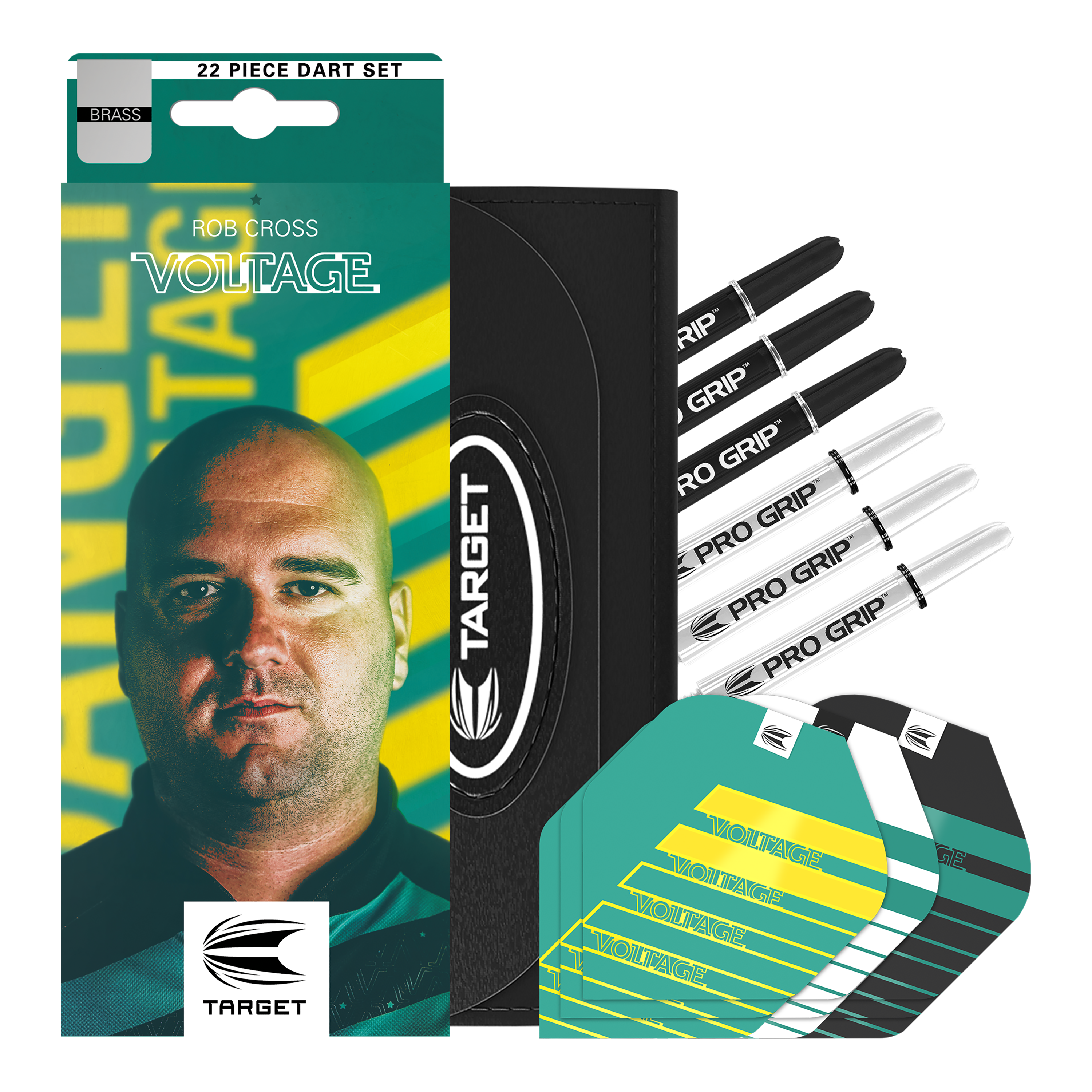 Target Rob Cross Brass Soft Darts - 18g Das Bild zeigt das Produkt „Target Rob Cross Brass Softdarts - 18g“ in einer auffälligen Verpackung mit dem Bild eines Mannes und dem Schriftzug „VOLTAGE“. Neben der Verpackung sind verschiedene Dartteile wie Shafts, Flights und ein Etui zu sehen.