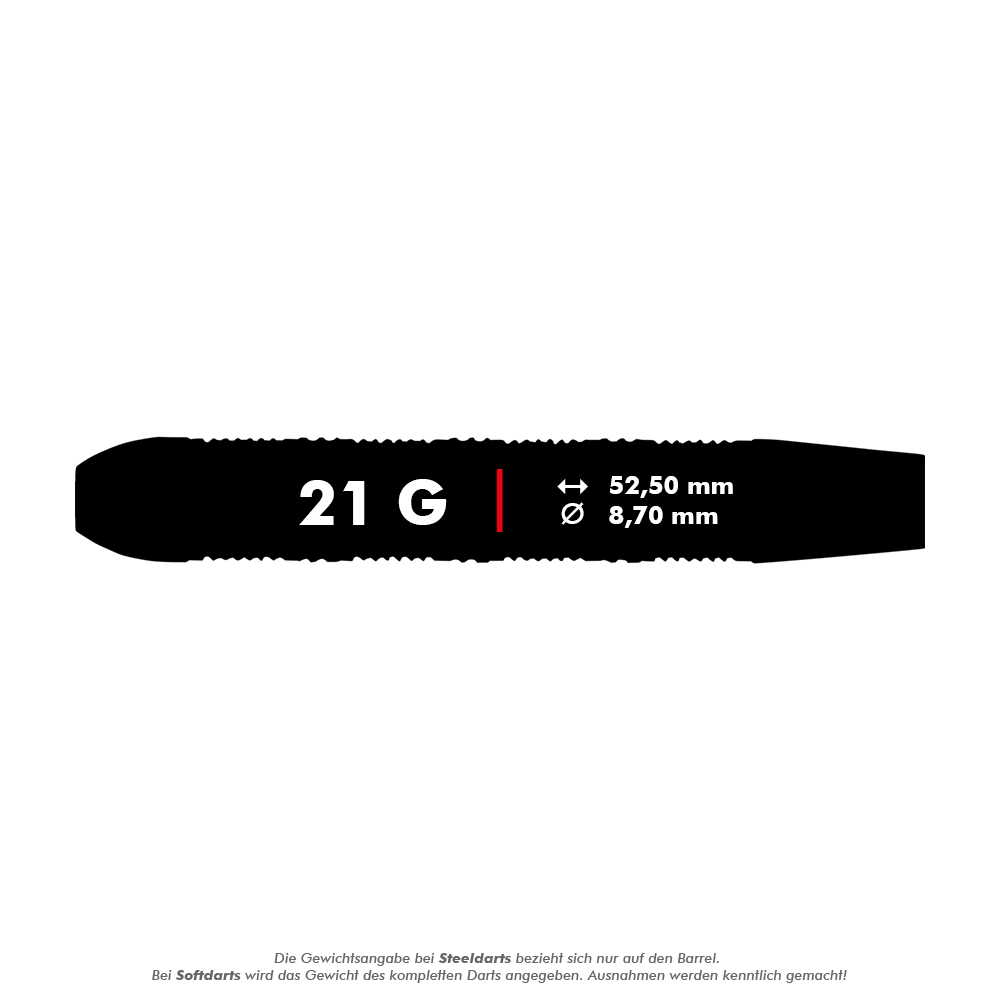 Unicorn Top Brass V3 Steeldarts - 21g Das Bild zeigt die Produktinformationen für die Unicorn Top Brass V3 Steeldarts mit einem Gewicht von 21 Gramm. Die Darts haben eine Länge von 52,50 mm und einen Durchmesser von 8,70 mm.