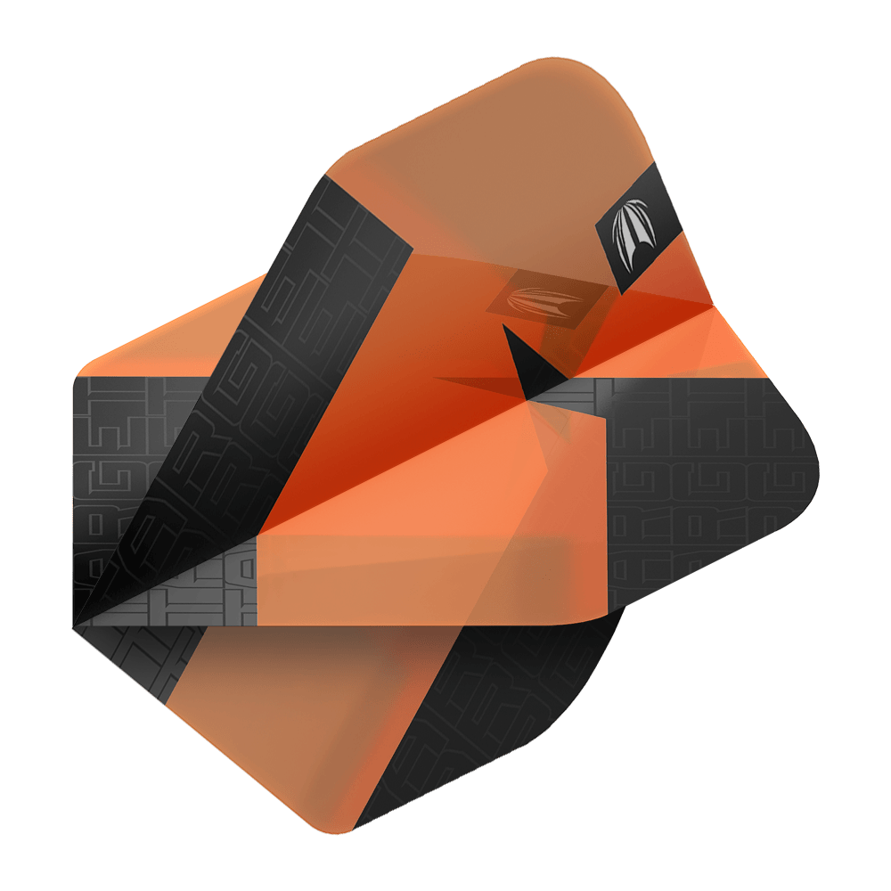 Target Pro Ultra TAG Orange No2 Standard Flights - 3 sets Das Bild zeigt orangefarbene und schwarze Dart-Flights mit einem modernen Design. Es handelt sich um das Produkt "Target Pro Ultra TAG Orange No2 Standard Flights - 3 Sets".