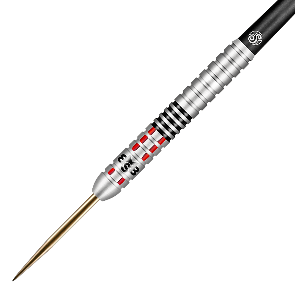 Shot Michael Smith Achieve Steel Darts Auf dem Bild ist ein Steeldart mit silbernem Barrel, roten Akzenten und schwarzem Griffbereich zu sehen. Es handelt sich um das Produkt "Shot Michael Smith Achieve Steeldarts".