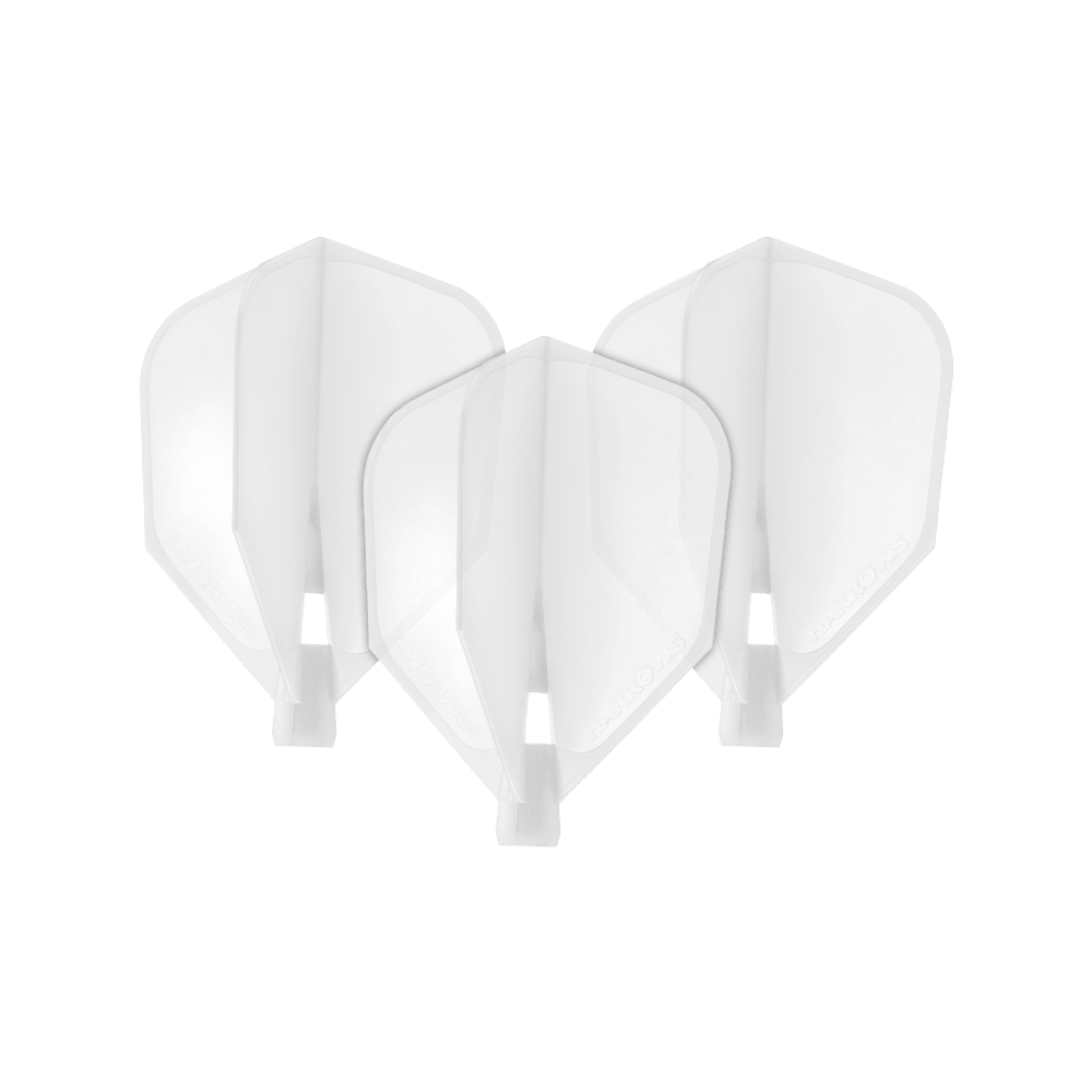 HRC-180_Harrows_Clic_Standard_Flight_Clear_1Any3eb79UhJlt Das Bild zeigt drei durchsichtige Dart-Flights des Modells "Harrows Clic Standard". Sie sind klar und haben eine standardmäßige Form.