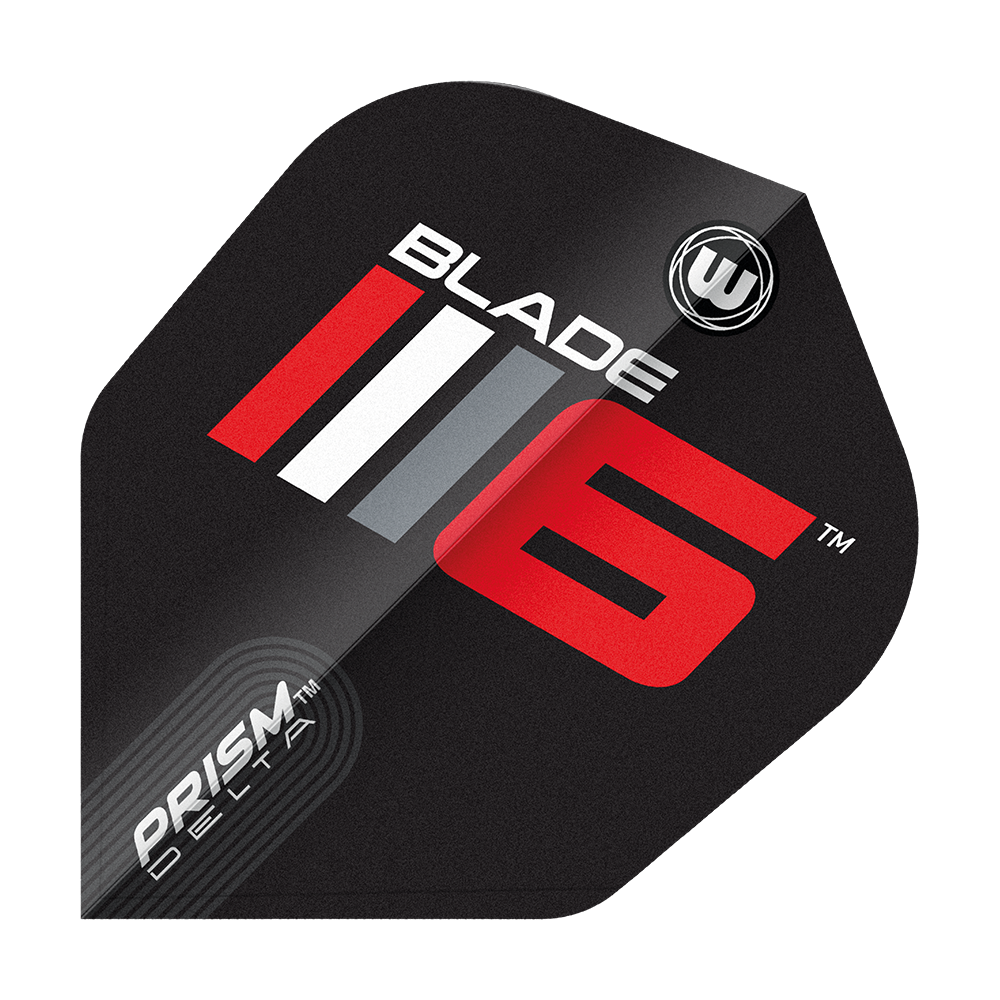 Winmau Prism Delta Blade 6 No6 Flights Das Bild zeigt ein Dartflight mit dem Aufdruck "Blade 6" in auffälligen Farben. Unten links steht "Prism Delta" und das Design ist modern und sportlich.