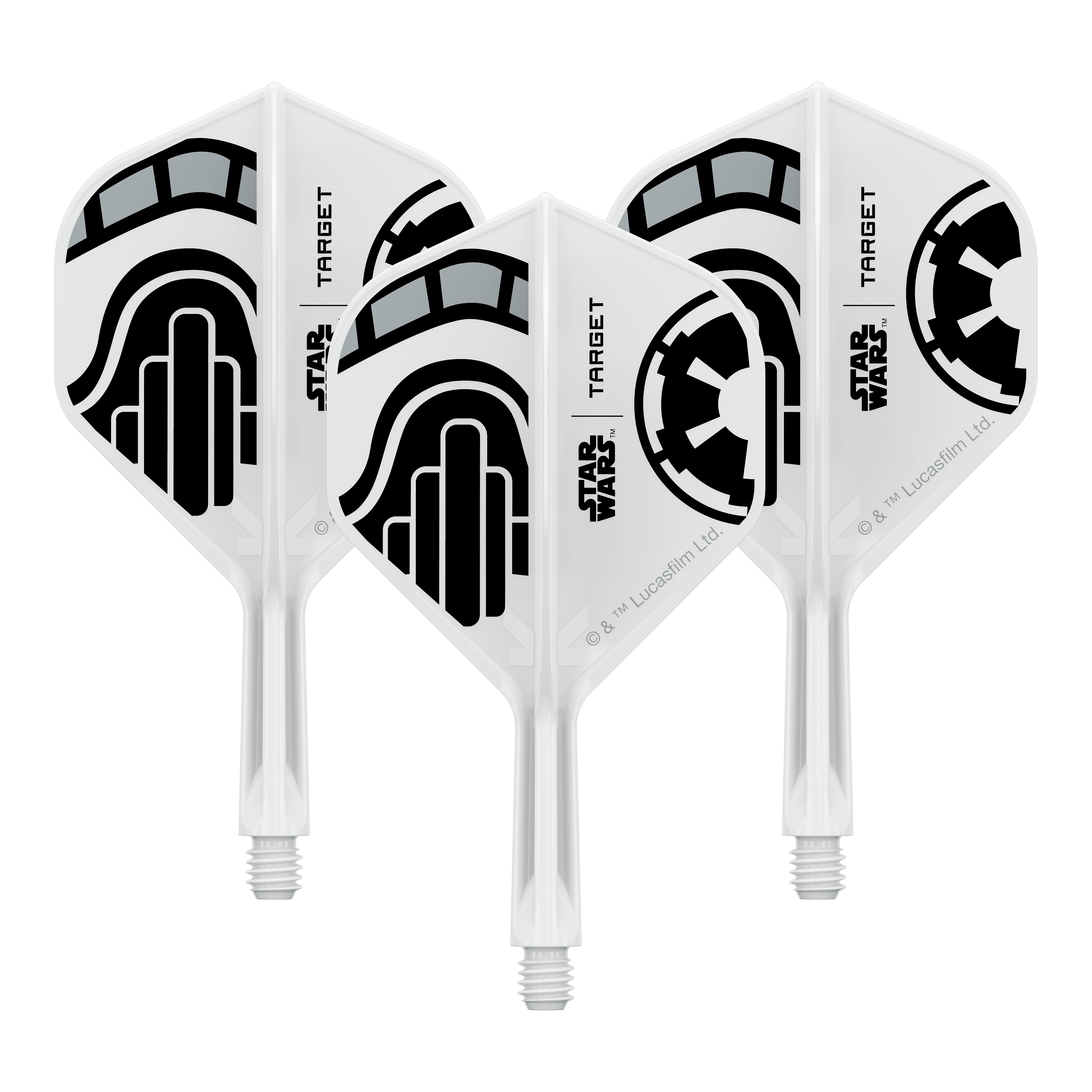 Abgebildet ist ein Set kurzer Dartflügel mit dem Namen 'Stormtrooper No2 Standard Flights Short 19mm 1Set'. Das Produkt eignet sich für Dartspieler, die besondere Designs mögen.