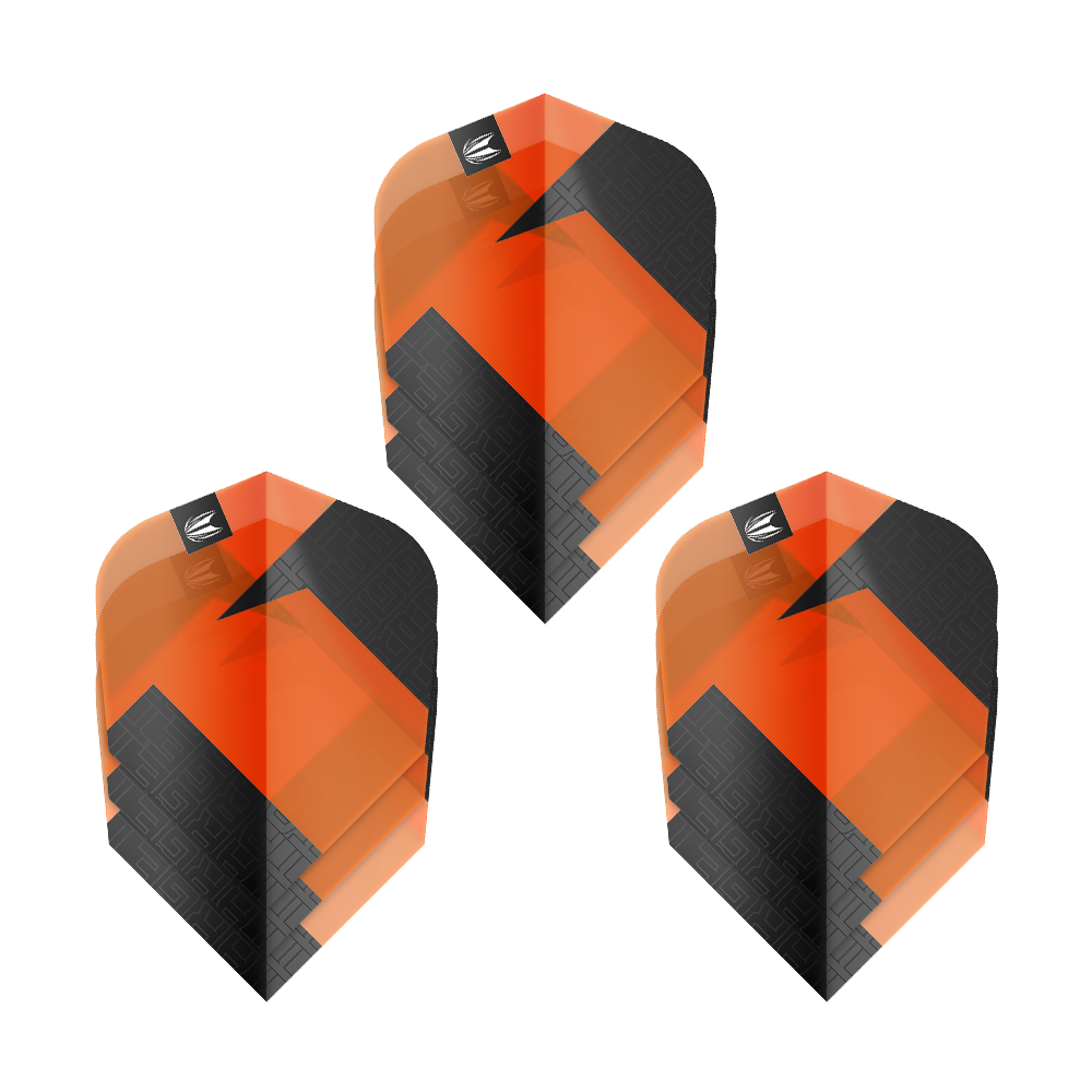 Target Pro Ultra TAG Orange Ten-X Standard Flights - 3 sets Das Bild zeigt drei Sets von Target Pro Ultra TAG Orange Ten-X Standard Flights. Die Flights sind orange und schwarz gestaltet und haben ein modernes, geometrisches Muster.