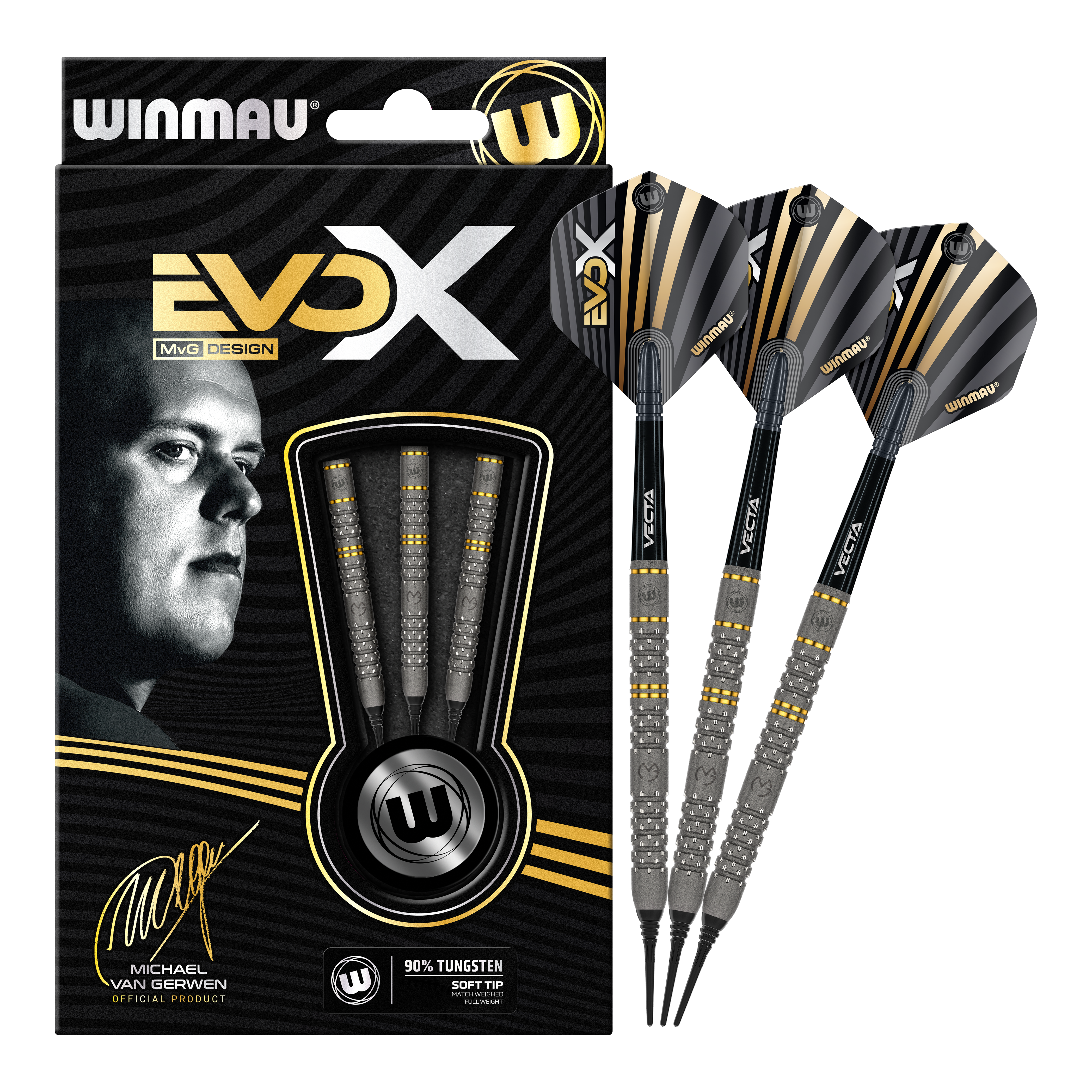 Winmau Michael Van Gerwen Evo-X soft darts - 20g Das Bild zeigt das Produkt "Winmau Michael Van Gerwen Evo-X Softdarts - 20g" in seiner Verpackung. Neben der Verpackung sind drei zusammengebaute Softdarts mit schwarz-goldenem Design zu sehen.