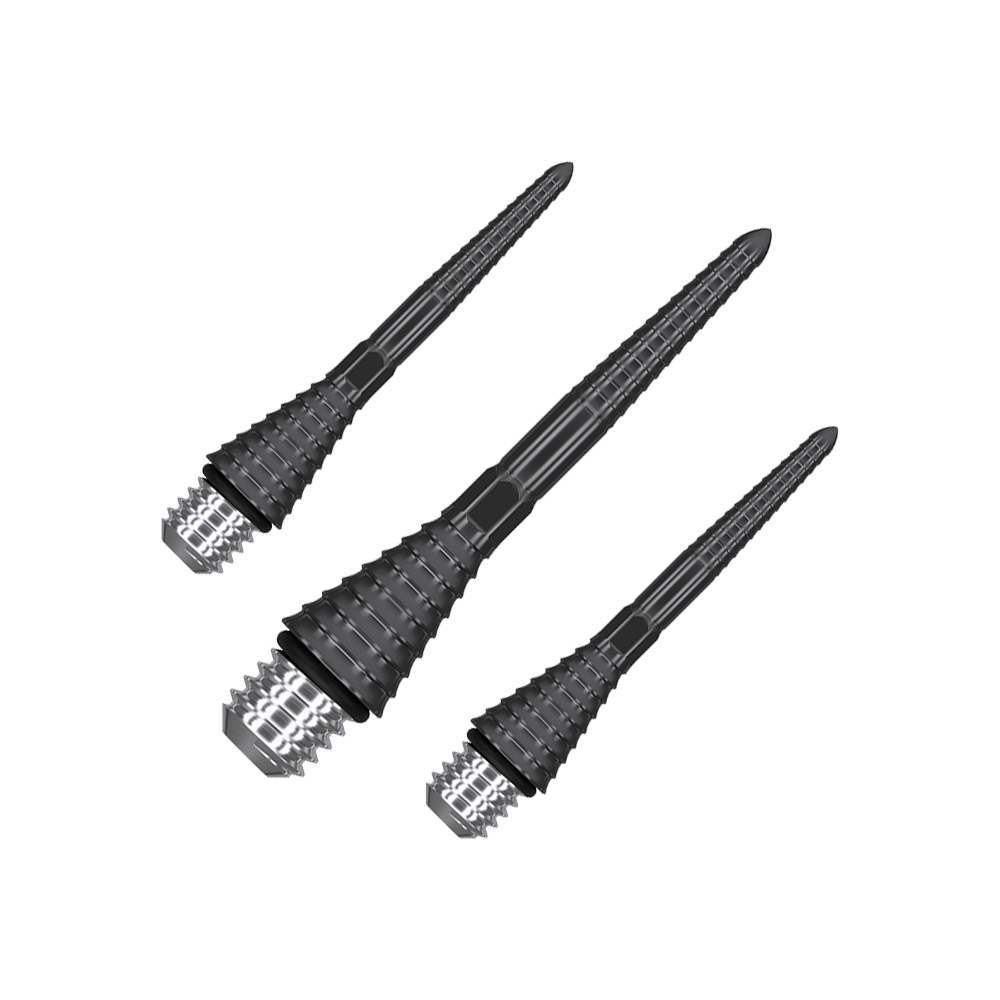 380172_Target_Titanium_Swiss_Point_Grooved_Conversion_Points_Schwarz_26mm_1 Das Bild zeigt drei schwarze, gerillte Swiss Point Conversion Points von Target. Sie sind speziell geformte Spitzen für Dartpfeile.