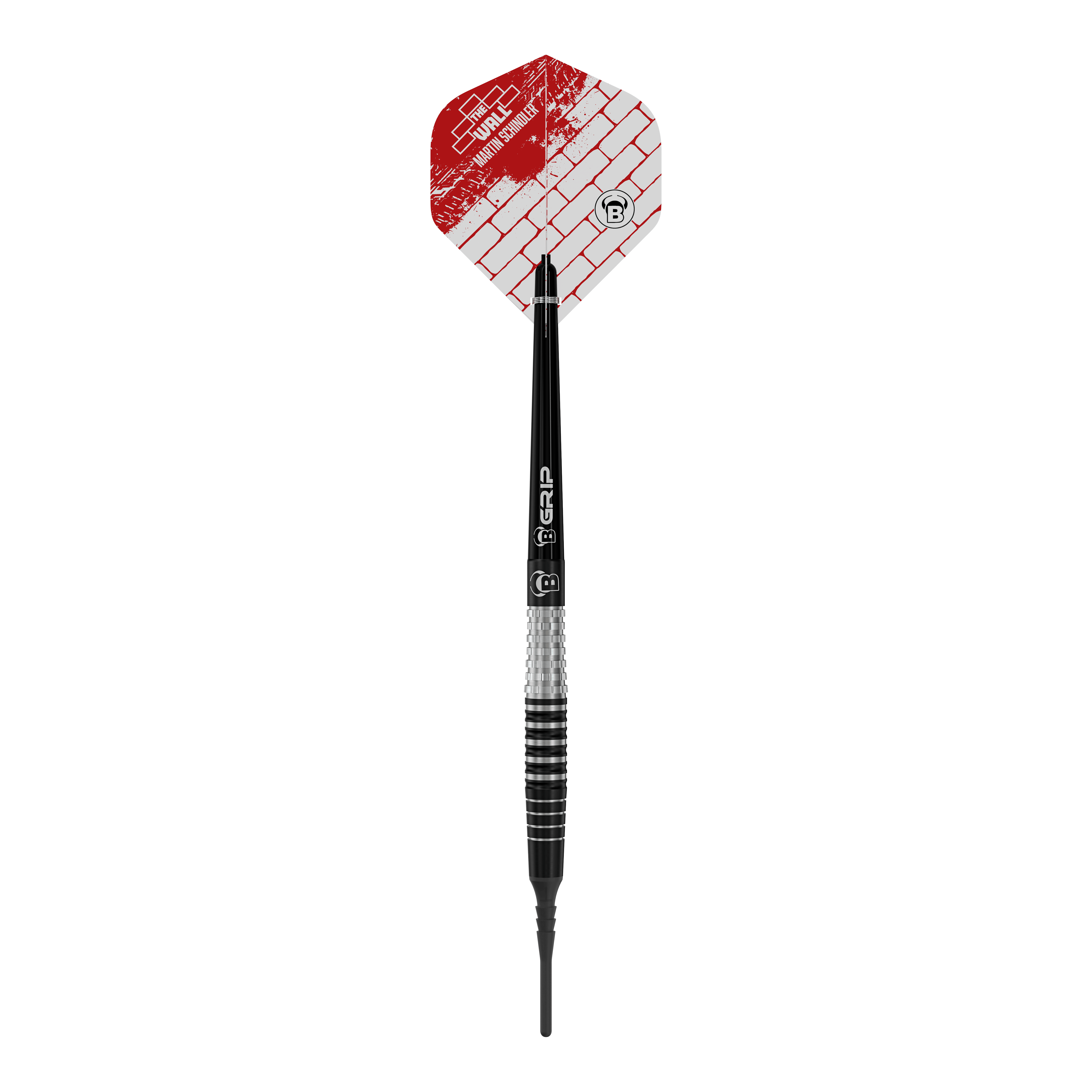 Bulls Martin Schindler Original Generation 3 soft darts Das Bild zeigt einen Bulls Martin Schindler Original Generation 3 Softdart. Der Dart hat eine schwarz-silberne Struktur mit einer roten und weißen Flights mit Ziegelmuster.