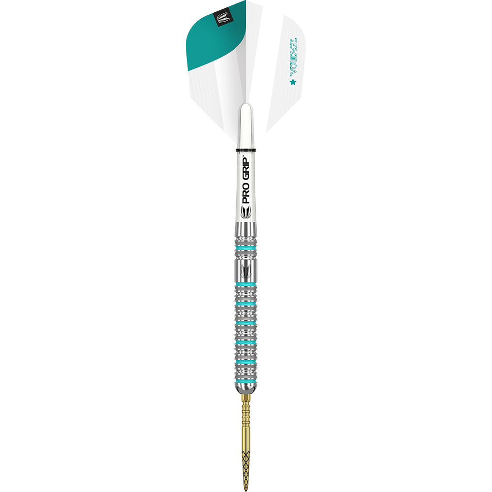 190095_Target_Rob_Cross_GEN2_Swiss_Point_Steeldarts_1pTX8iFwEyYNaG Das Bild zeigt einen Target Rob Cross GEN2 Swiss Point Steeldart. Der Dart ist silberfarben mit türkisen Akzenten und hat einen weißen Flight.