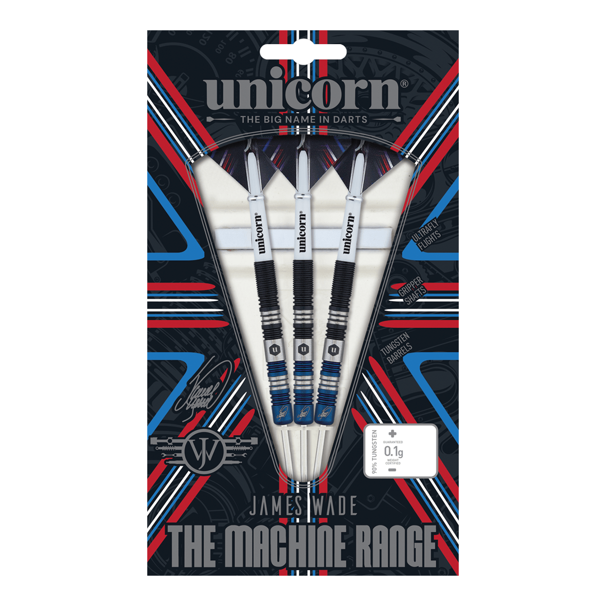 Unicorn The Machine James Wade Two-Tone Steel Darts Das Bild zeigt eine Packung mit drei Steeldarts der Marke Unicorn aus der "The Machine Range" von James Wade. Die Verpackung ist bunt gestaltet und hebt die Merkmale der Darts wie die Tungsten-Barrels und die spezielle Griffigkeit hervor.