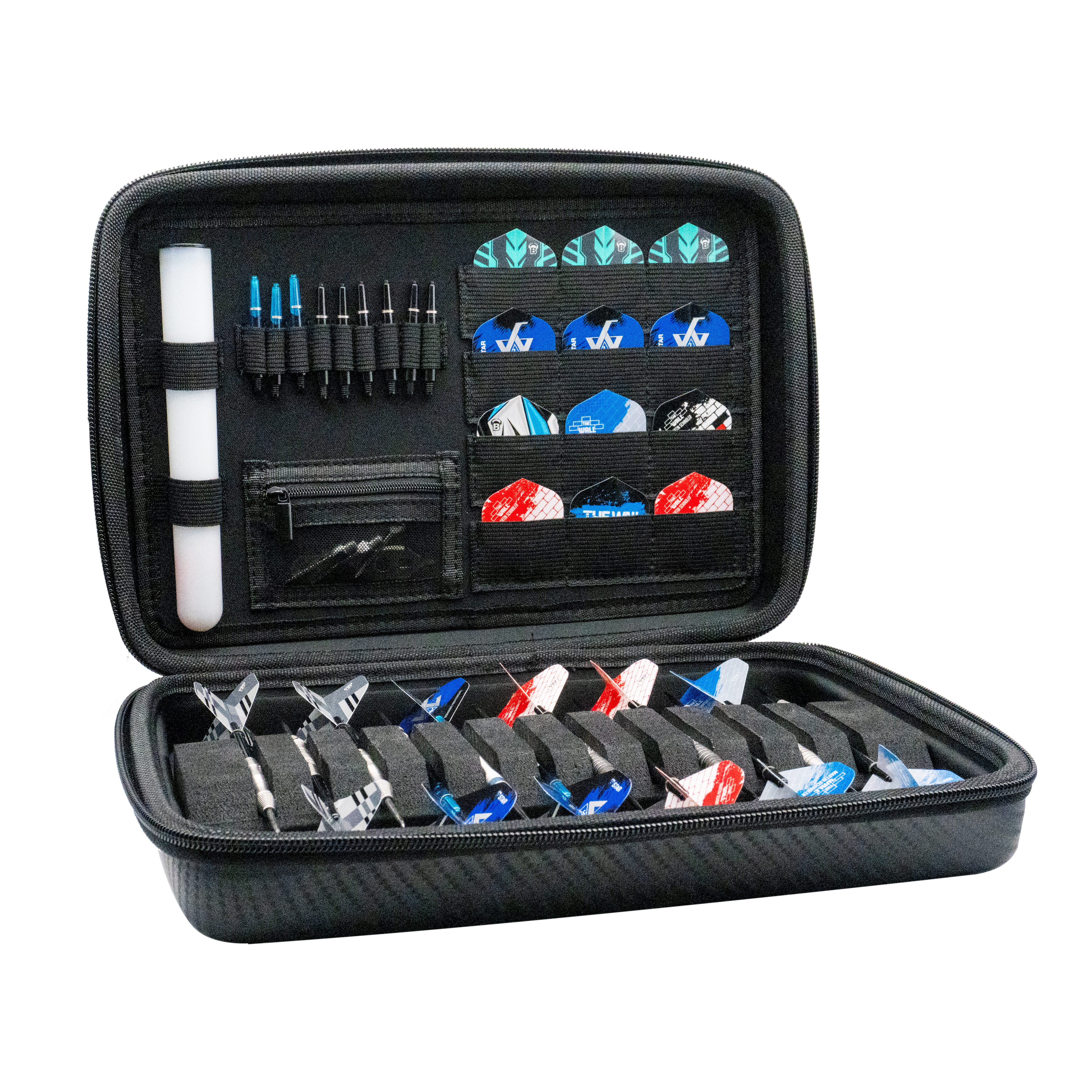 Das Bild zeigt das Bulls Orbis XXL Dartcase in Carbongrey, geöffnet mit verschiedenen Darts und Zubehör ordentlich einsortiert. Das Etui bietet viel Platz für Darts, Flights und weiteres Zubehör.