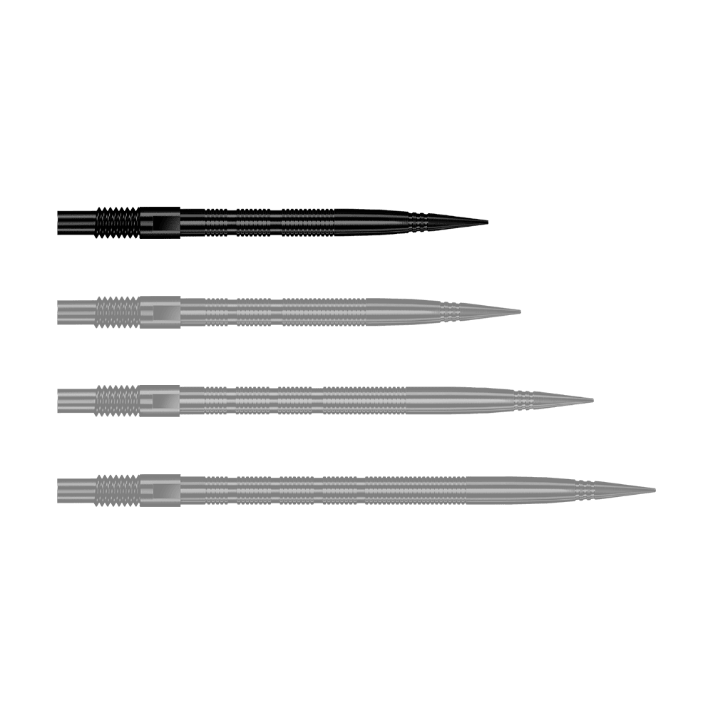 Harrows Quick Point Micro Ridge Dart Tips - Black Zu sehen ist eine einzelne schwarze Dartspitze mit Rillenmuster. Dieses Produkt ist als Ersatzspitze für Dartpfeile gedacht.