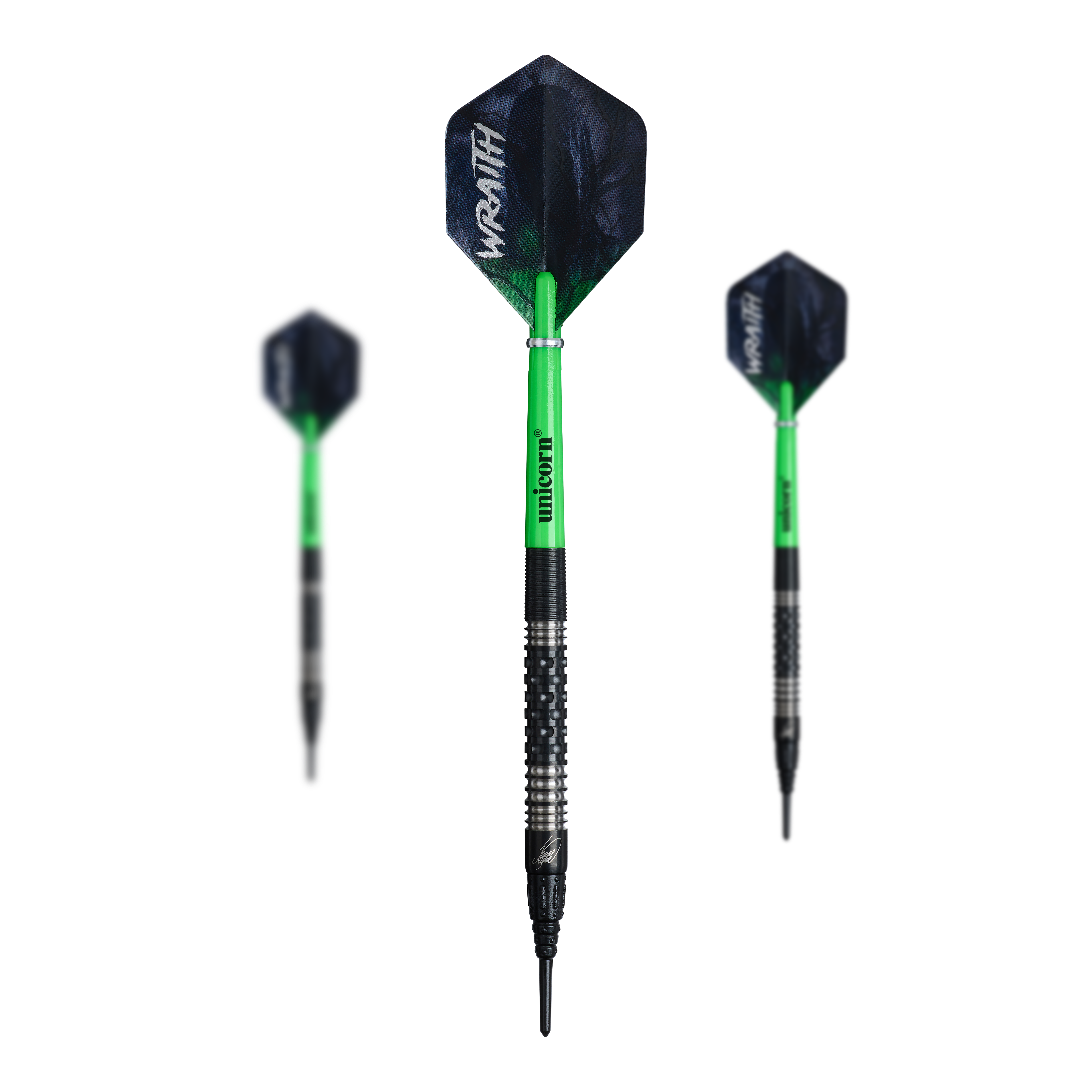 Unicorn Wraith James Wade Soft Darts - 19g Unicorn Wraith James Wade Softdarts mit einem Gewicht von 19 Gramm sind auf dem Bild zu sehen. Die Darts sind speziell für Softdartspieler entwickelt.