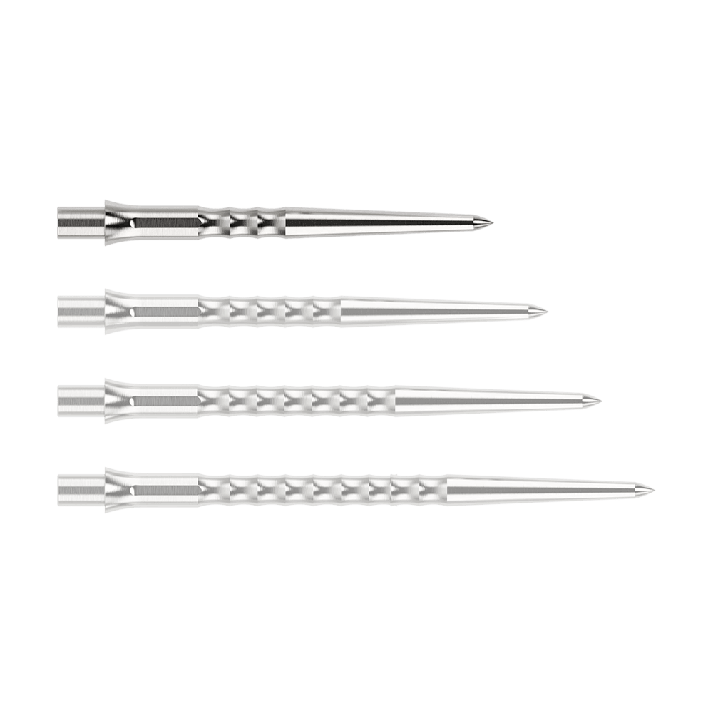 Caliburn System steel dart tips - Ripple - NoLip - silver Abgebildet ist eine silberne Steeldartspitze des Typs Ripple NoLip mit 28mm Länge. Die Spitze liegt frontal auf einer hellen Fläche.