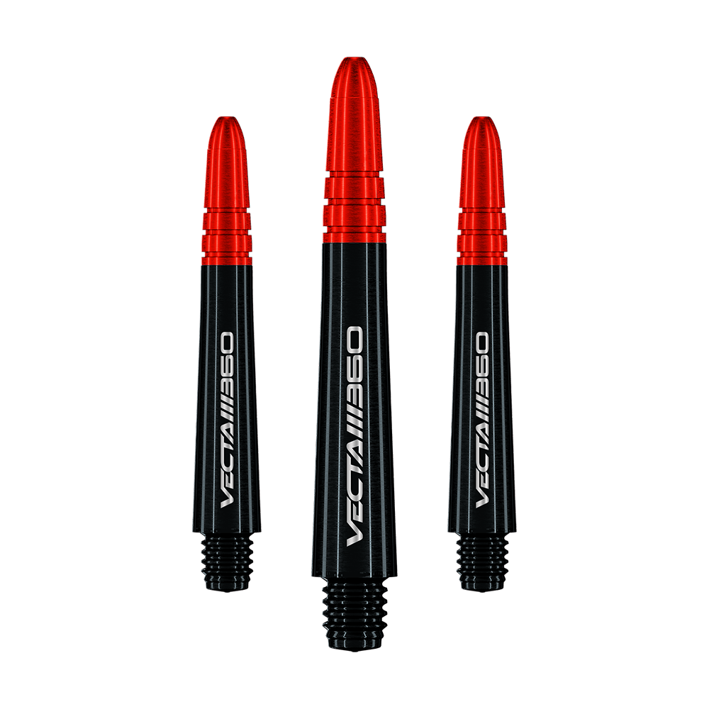 Winmau Vecta Blade 360 Shafts - Black Zu sehen ist ein Satz Winmau Vecta Blade360 Shafts in Schwarz mit 40 mm Länge. Die Shafts sind nebeneinander aufgestellt.