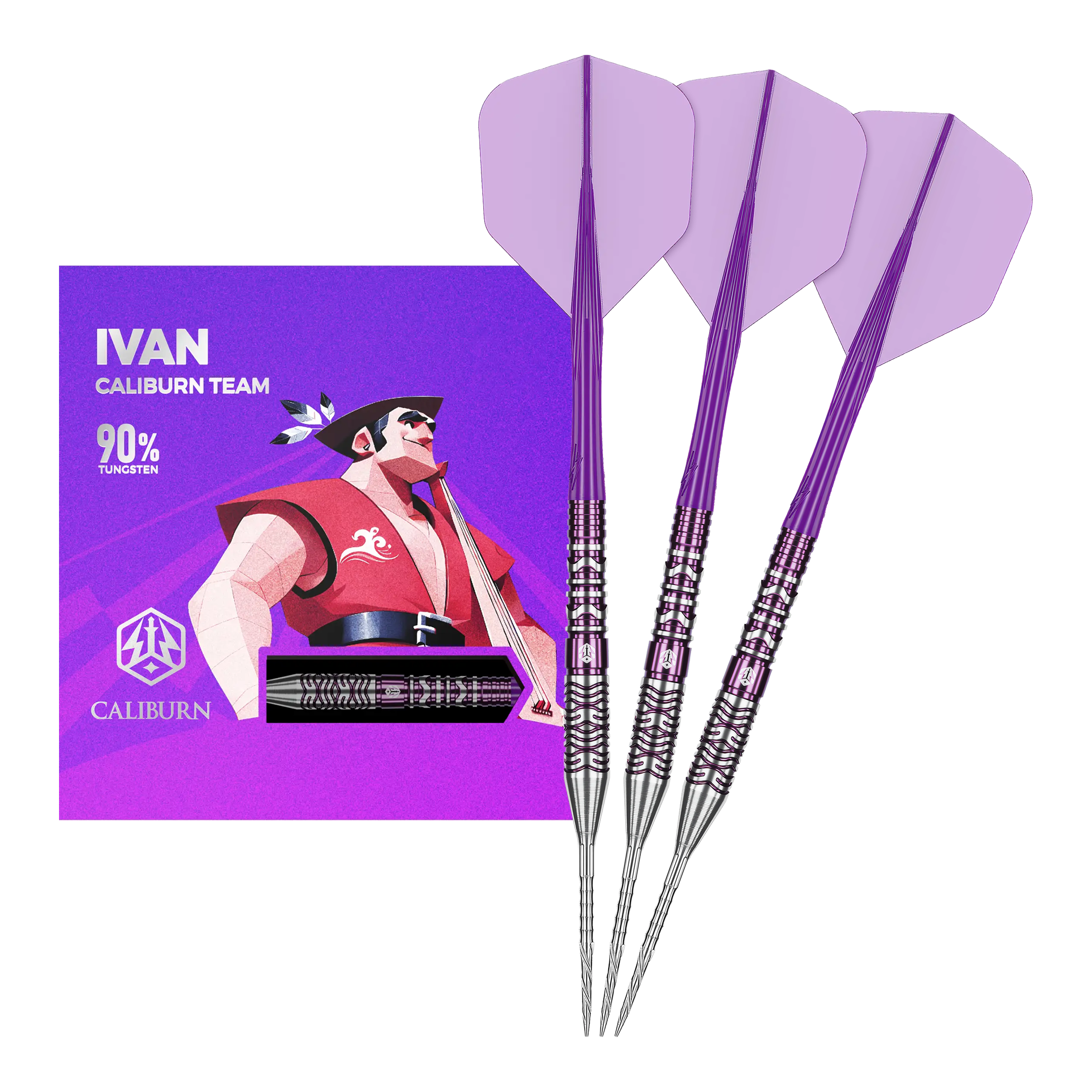 Abgebildet ist das komplette Set der Caliburn Awakening Ivan Steeldarts. Diese Steeldarts eignen sich ideal für anspruchsvolle Dartspieler.