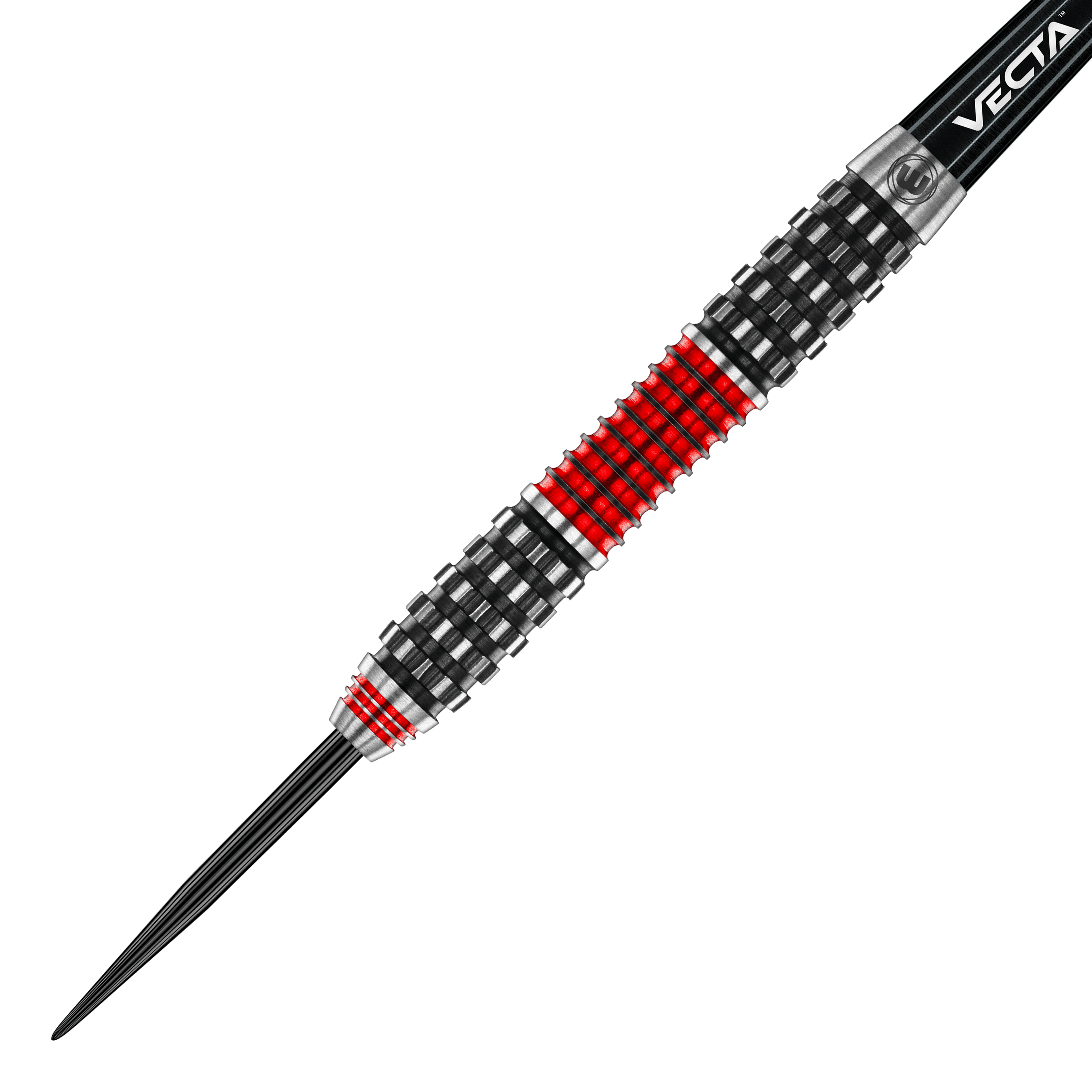 Winmau Joe Cullen Rockstar Series RS1 steel darts Auf dem Bild ist der Winmau Joe Cullen Rockstar Series RS1 Steeldart zu sehen. Der Dart hat ein schwarzes und rotes Griffmuster mit metallischen Akzenten.