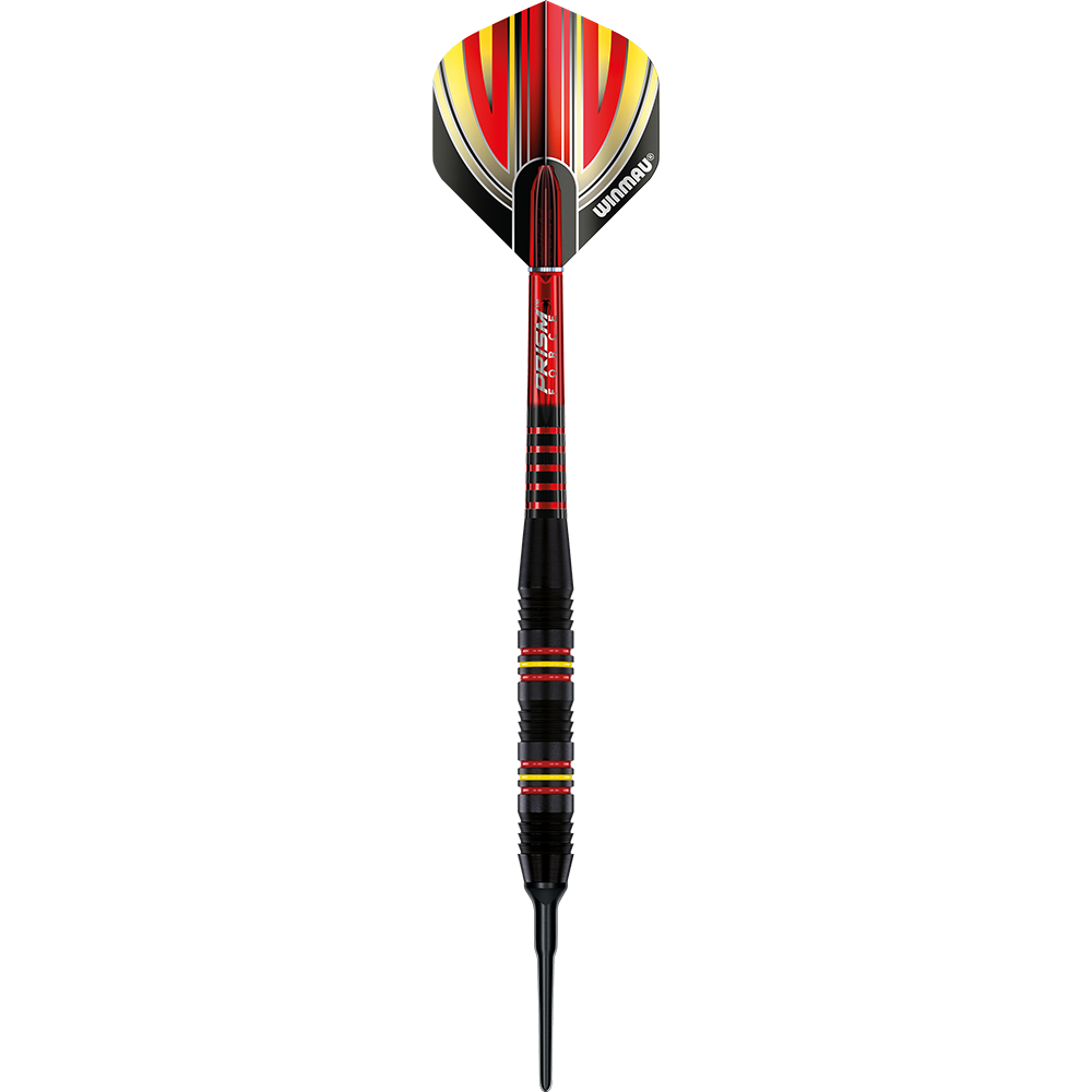 2236_Winmau_Outrage_V2_Black_Coated_Softdarts_11fbBGQHQRevJs Auf dem Bild ist ein Winmau Outrage V2 Black Coated Brass Softdart mit einem Gewicht von 18g zu sehen. Der Dart ist schwarz mit roten und gelben Akzenten gestaltet.